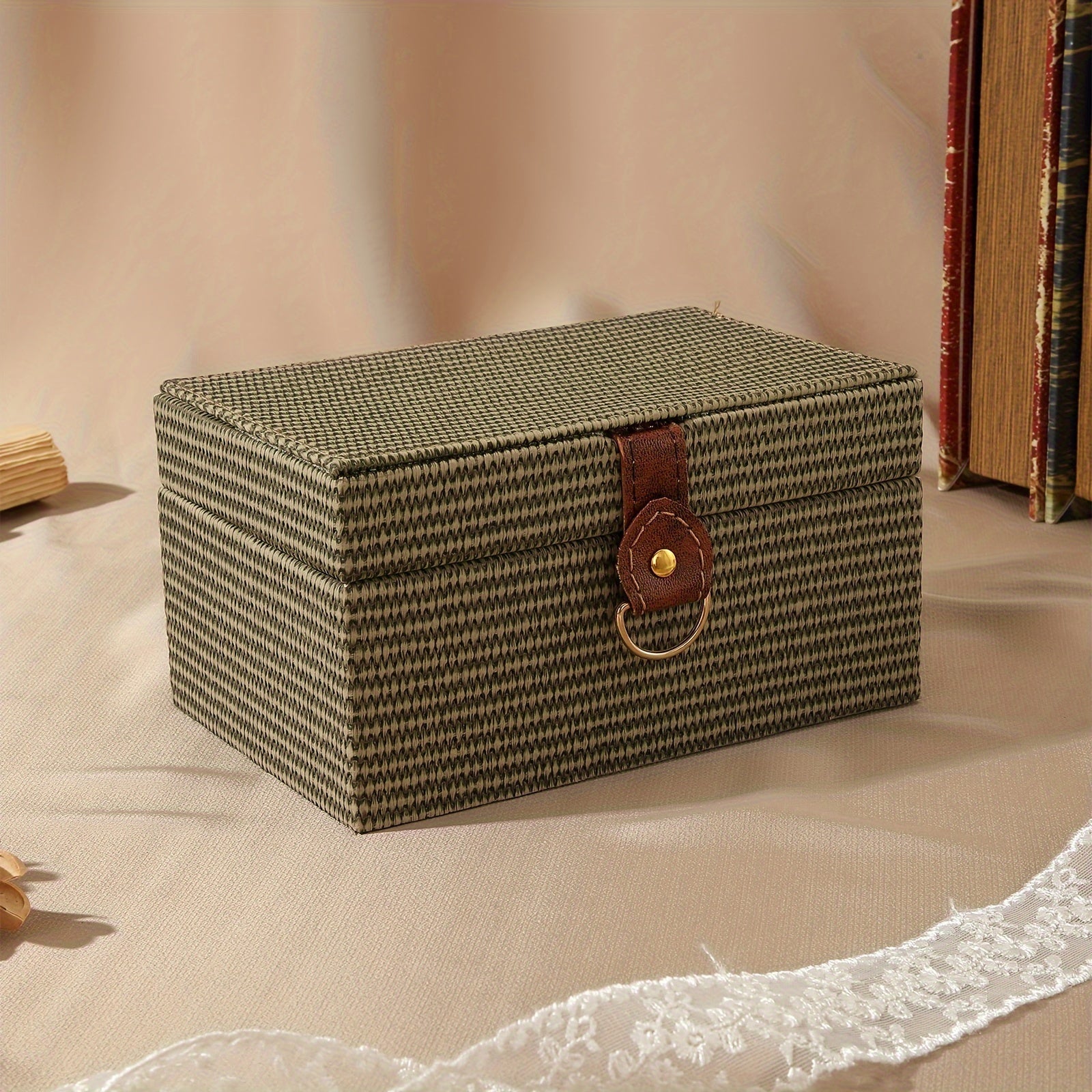 1pc PU Wooden Clamshell Storage Box, With Imitation Straw Texture, Jewelry Box, Rectangular Gift Box, Desktop Decoration, Hidden Storage, Special Gift Box, Home Decor Art & Craft Supplies, valentine's day wedding decor