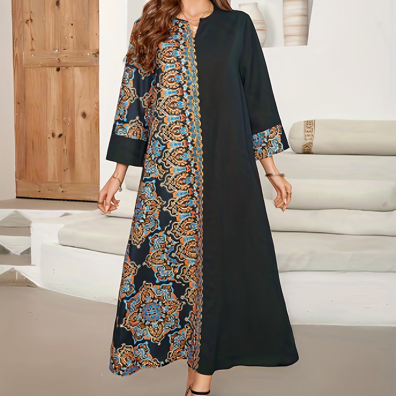 Floral Print Notched Neck Kaftan Abayas, /MH