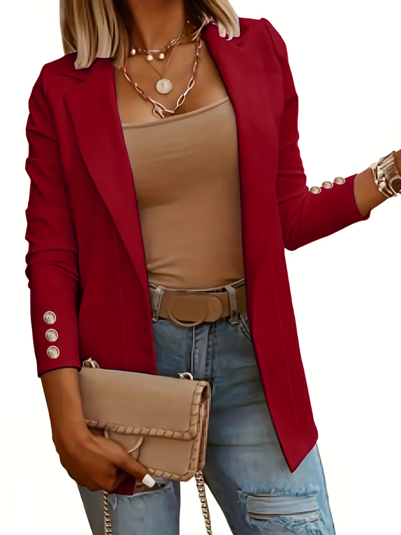 Solid Open Front Lapel Blazer, Elegant Button Decor Long Sleeve Blazer.