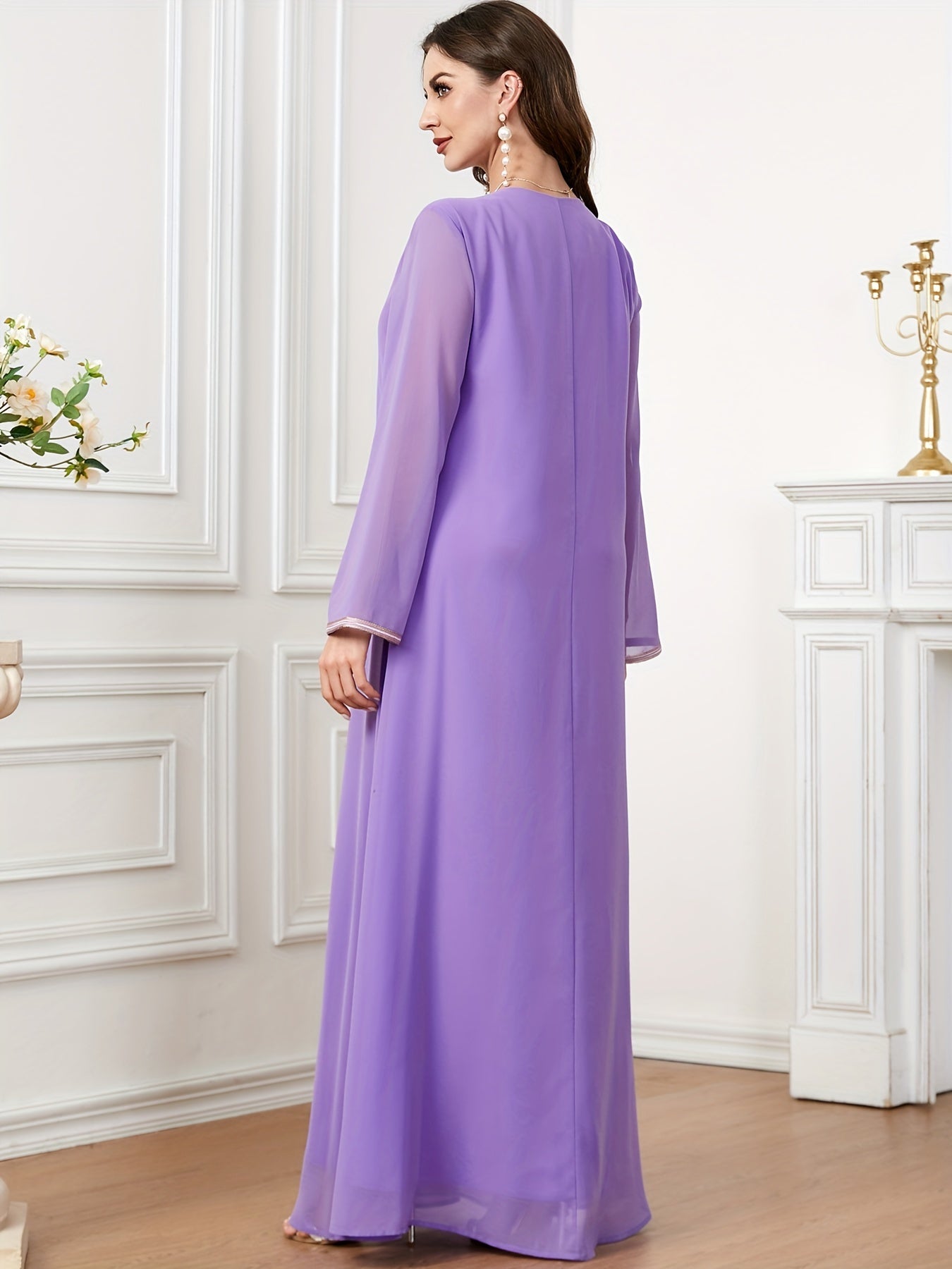 Embroidered Crew Neck Kaftan Dress, Elegant Long Sleeve women fashion '/MH