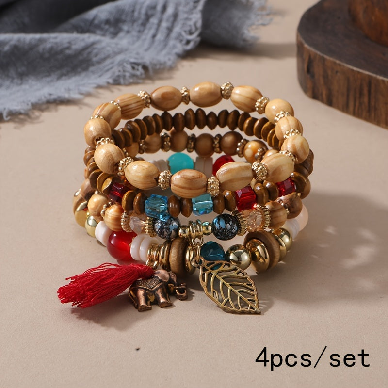4pcs/set Tree Of Life Pendant Multilayer Beaded Bracelet Round Bead Wooden Bead Bracelet Bohemian Ethnic Jewelry Accessories Handmade -A Stylish Accessory, Father's Day Gift
