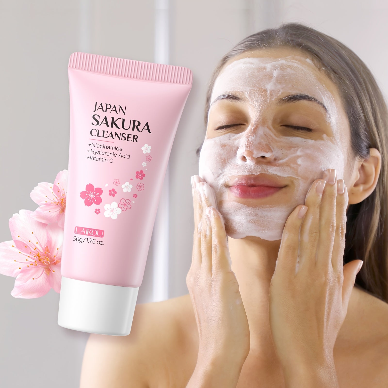 Sakura Cleanser Skin Care Travel Gift Set 3pcs, Face Wash 50g, Serum 17ml, Moisturizer 30g, with Vitamin C, Niacinamide, Hyaluronic Acid