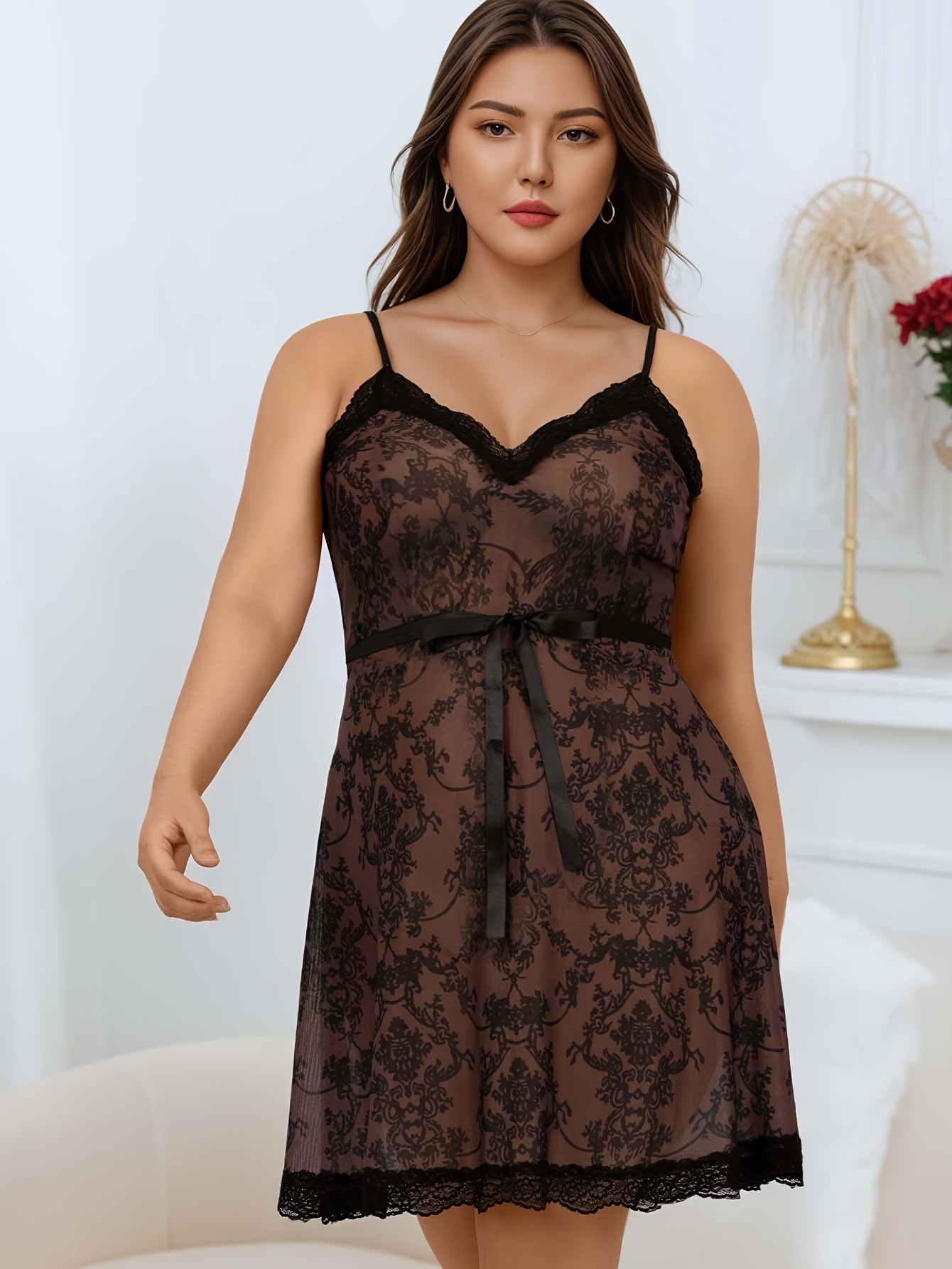Plus Size Women's Contrast Lace Spaghetti Suspender Dress