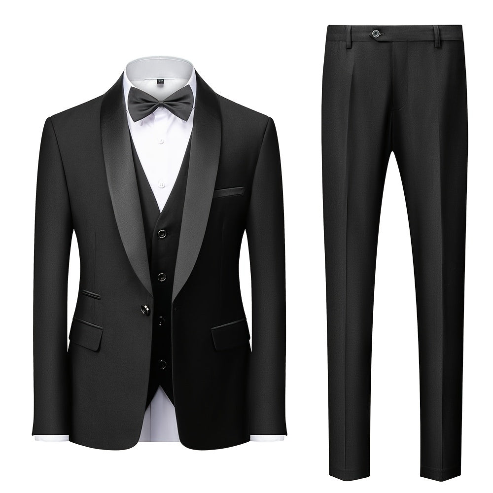 3-Piece Men's Classic Solid Dress Suit Set, One-Button Jacket Blazer.
