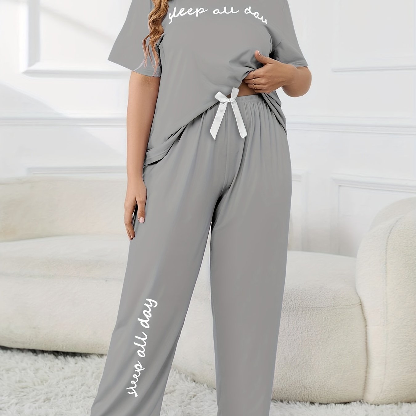 Plus Size Women's Cute Pajama Set, Plus Size Letter Print Short Sleeve Top and Pants Casual 2pcs, Plus Size Pajama Sets