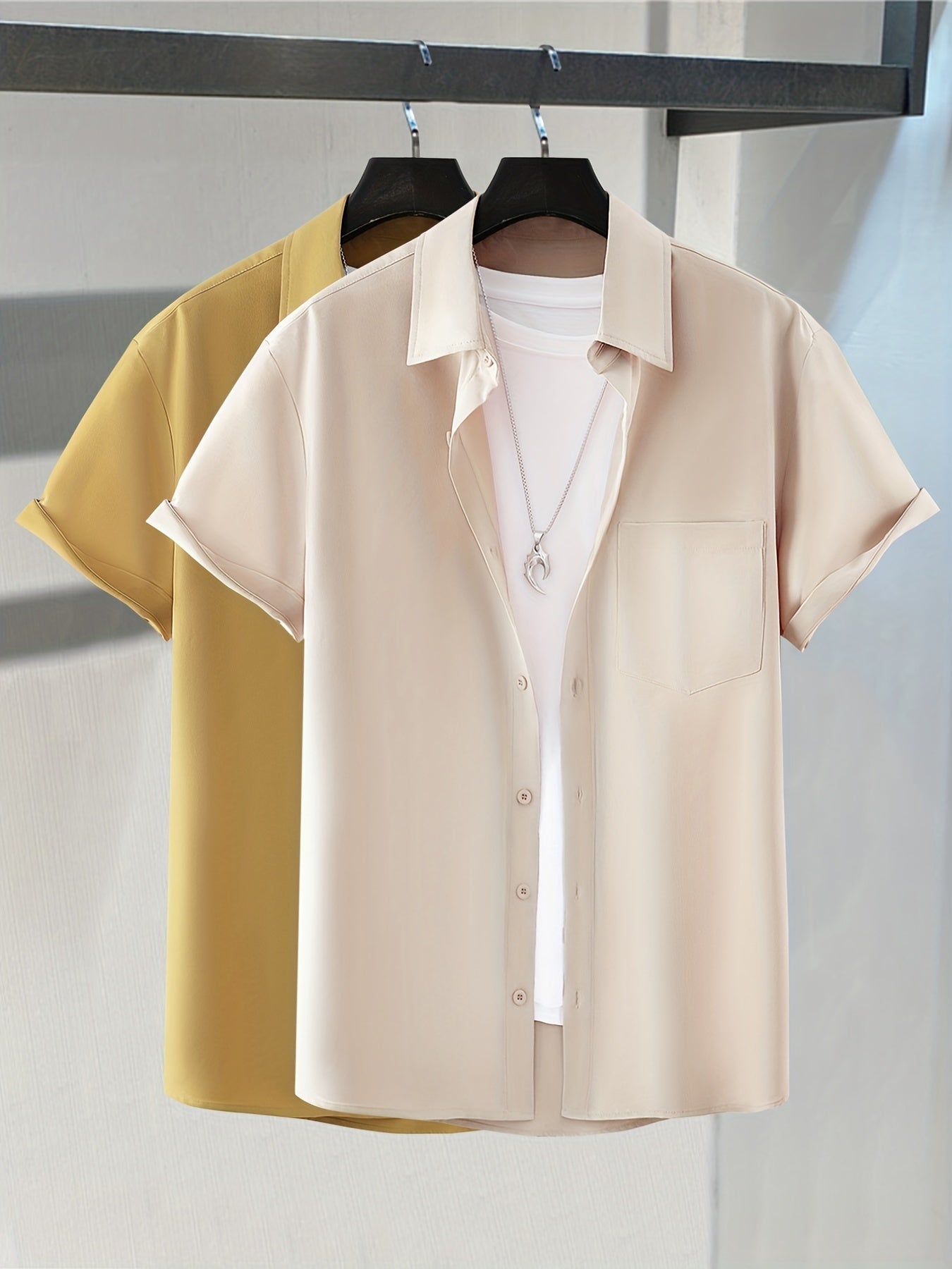 2pcs Plus Size Lapel Mens Solid Color Button Down Shirts, Top Blouse Shirts, Short Sleeve, Button Down Dress Shirts