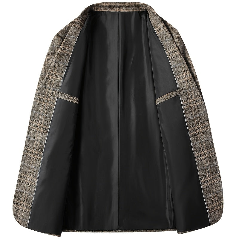 Men'S Checked Pattern Blazer with Pockets - Formal Two-Button Lapel,
