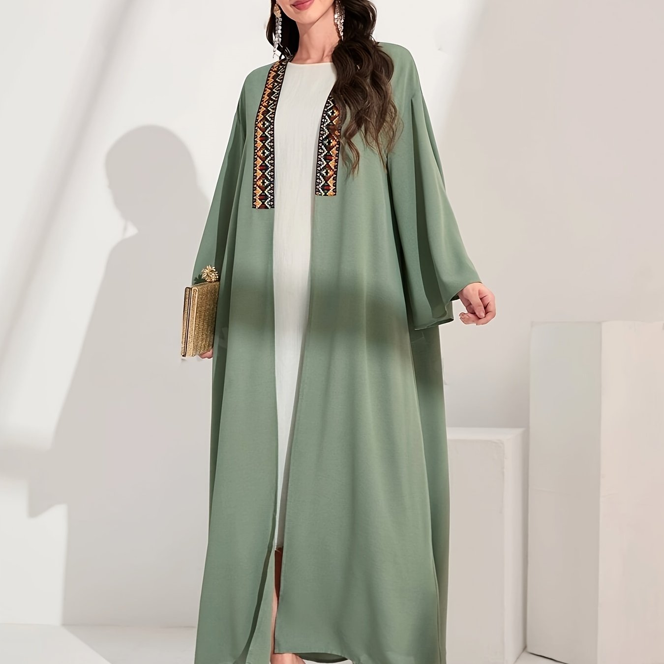 Geo Embroidery Contrast Tape Panel Kaftan Dress, /MH