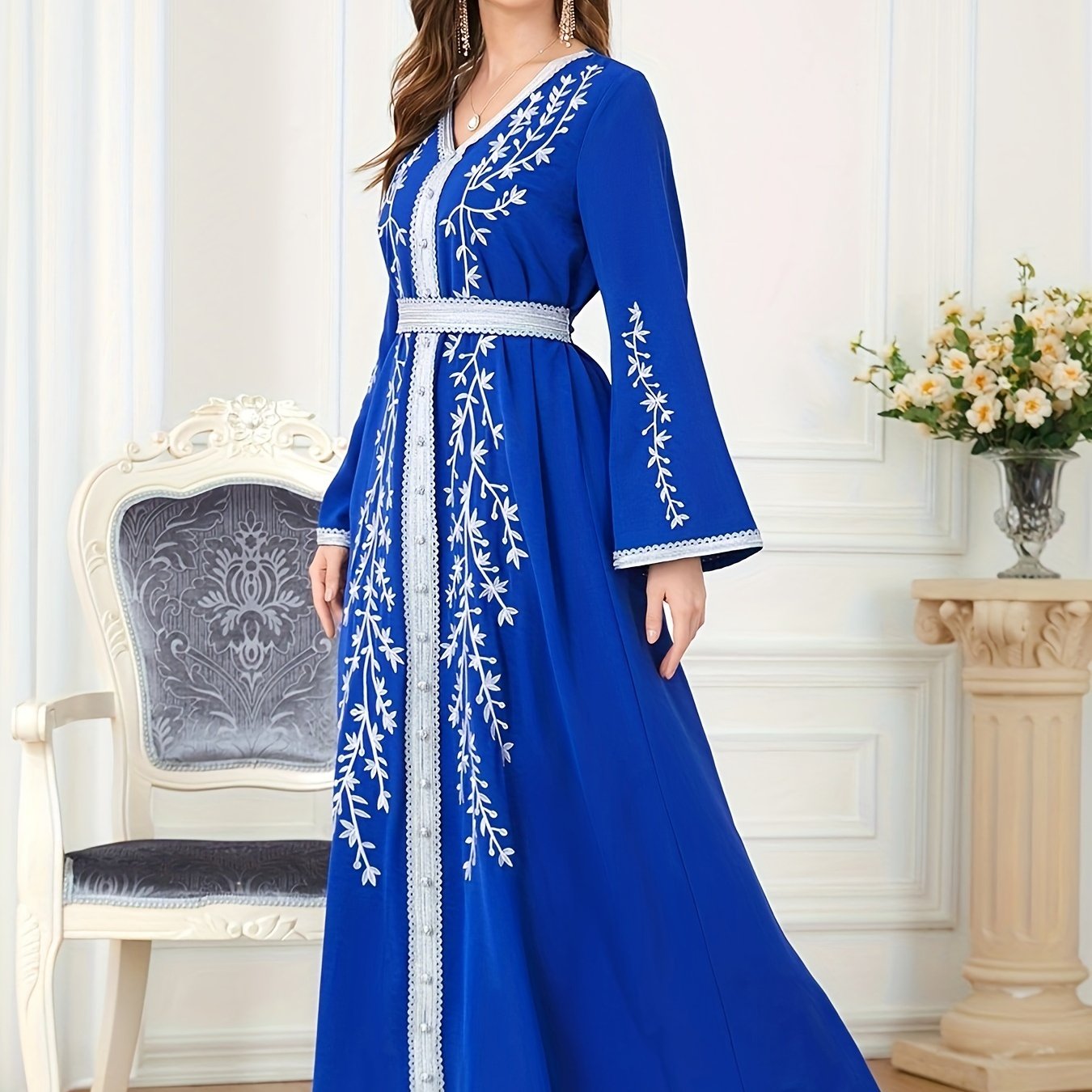 Floral Pattern Kaftan Dress, Elegant V Neck '/MH