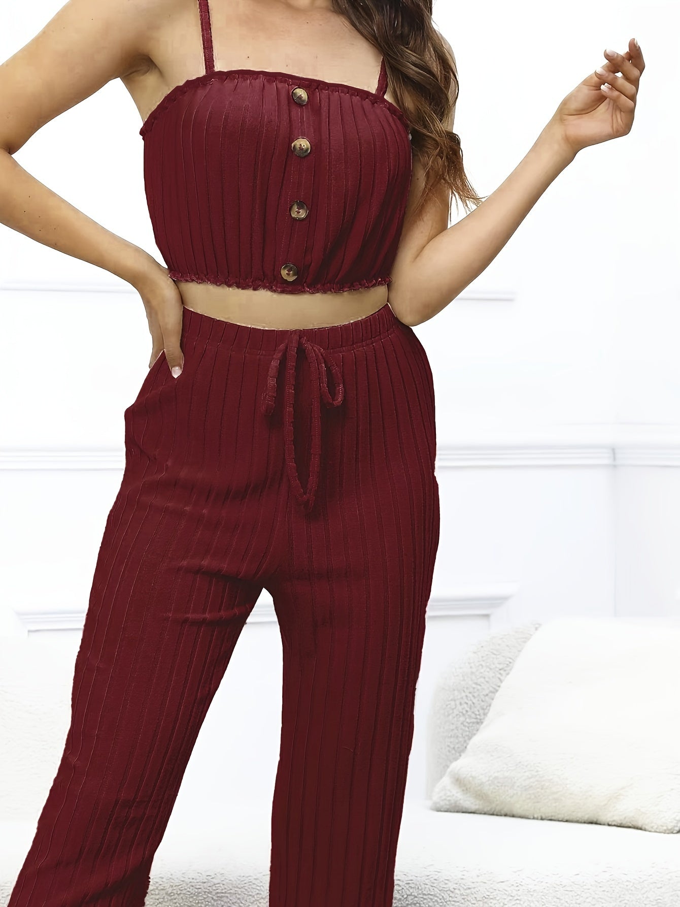 Solid Ribbed Lounge Set, Ruffle Cami Top & Elastic Waistband Pants,
