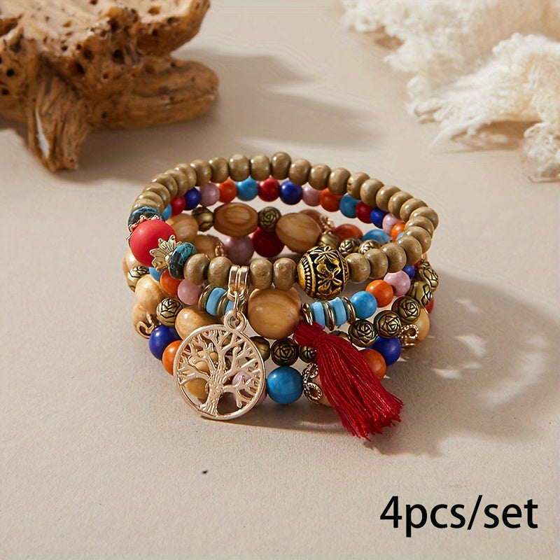 4pcs/set Tree Of Life Pendant Multilayer Beaded Bracelet Round Bead Wooden Bead Bracelet Bohemian Ethnic Jewelry Accessories Handmade -A Stylish Accessory, Father's Day Gift