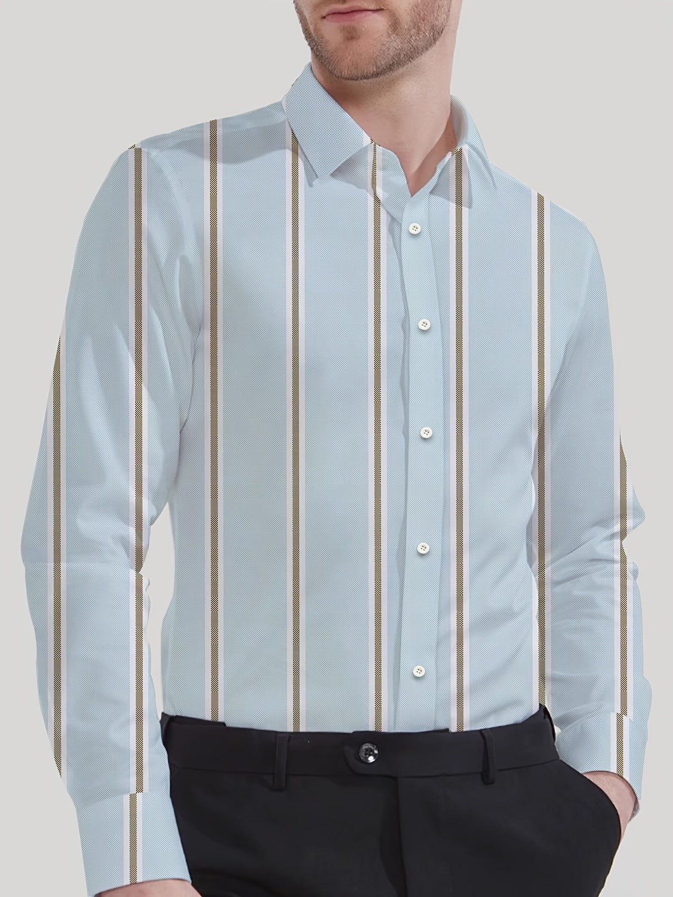 Men's Striped Lapel Collar Dress Shirts, Long Sleeve .