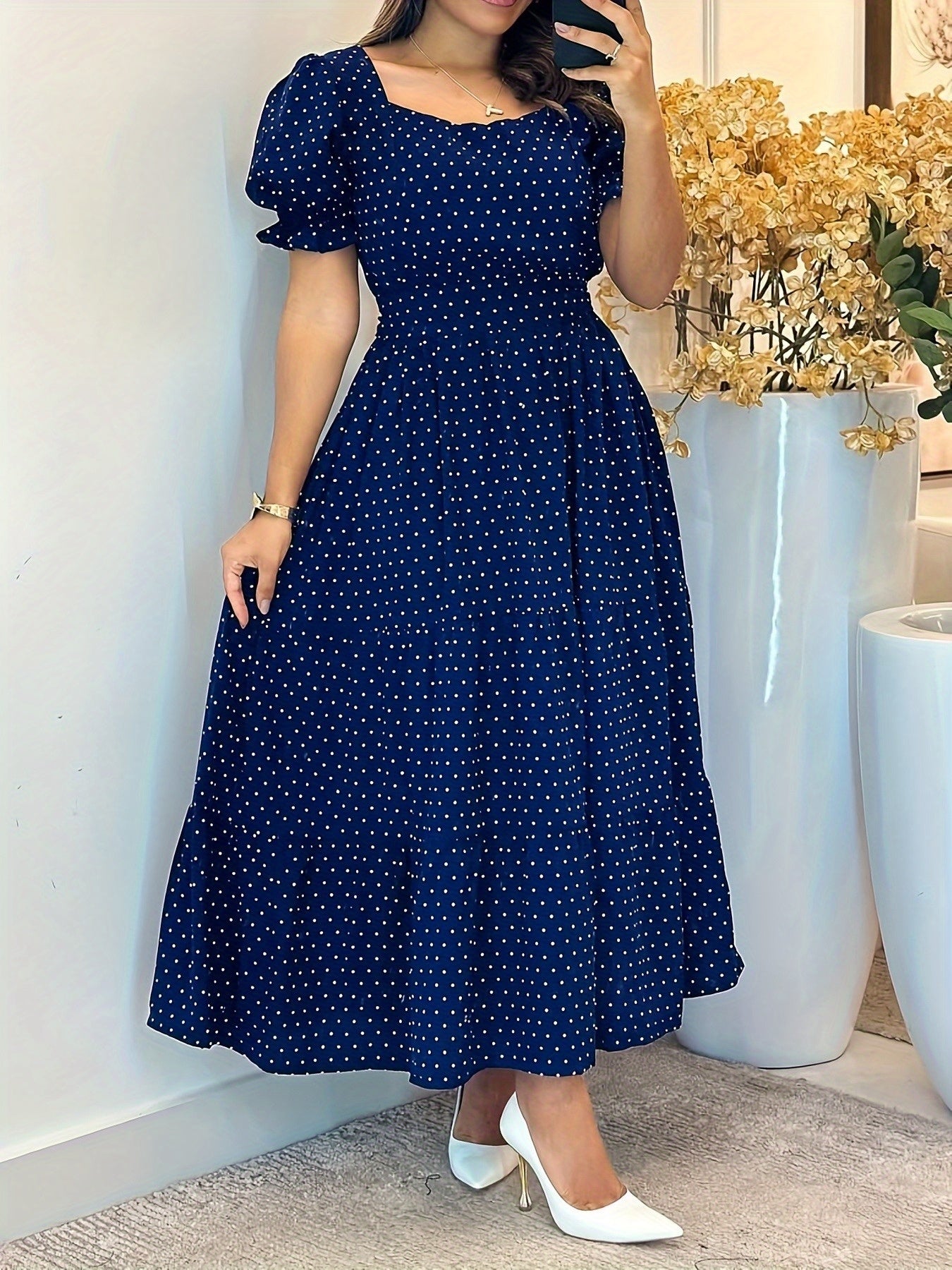 Women's Navy Blue & White Polka Dot Puff Sleeve A-Line Dress ./MH