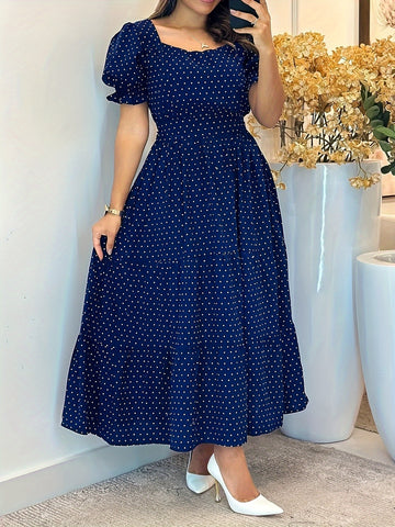 Women's Navy Blue & White Polka Dot Puff Sleeve A-Line Dress ./MH