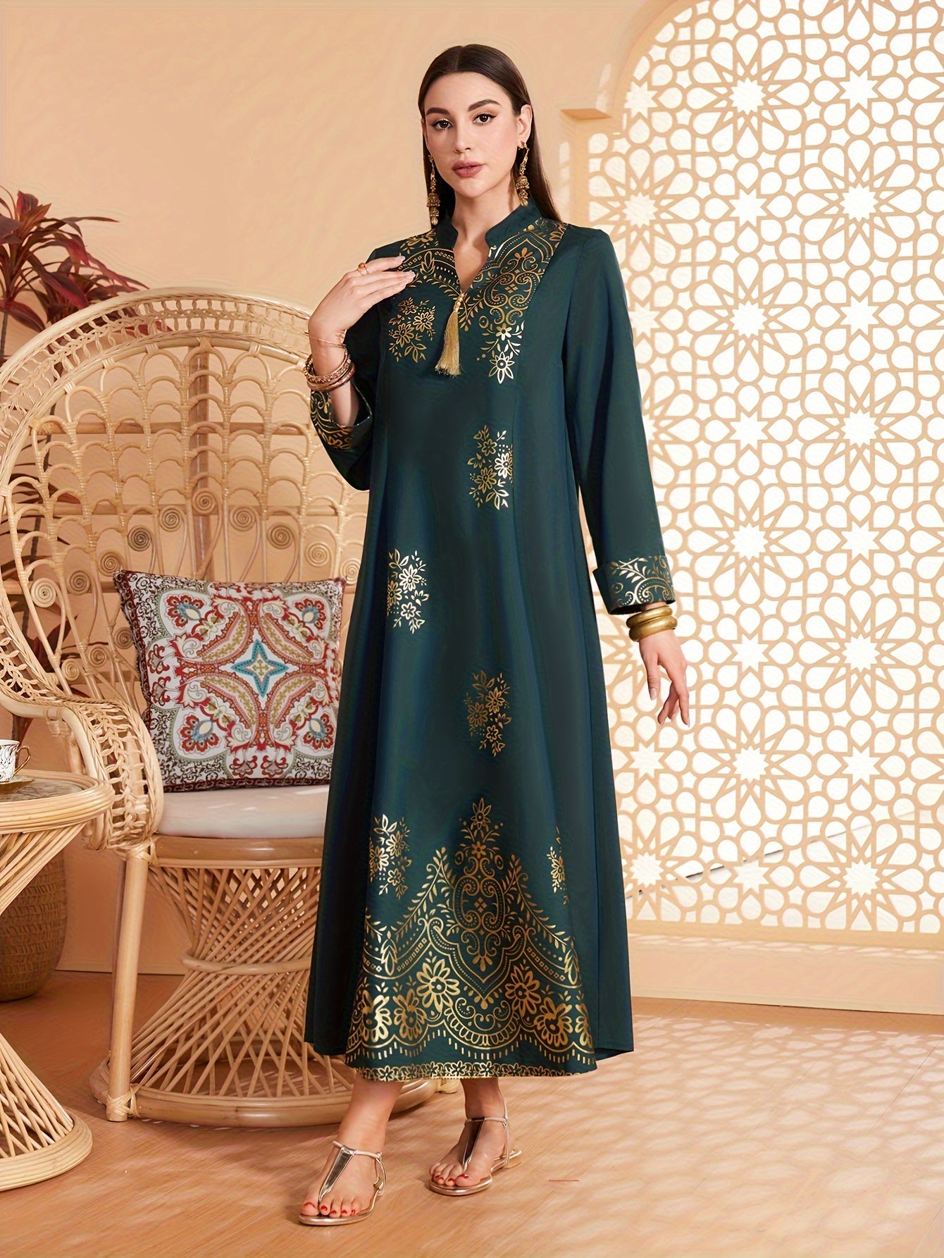 Floral Print V Neck Kaftan Dress, Elegant Long Sleeve Loose Fit Dress, /MH