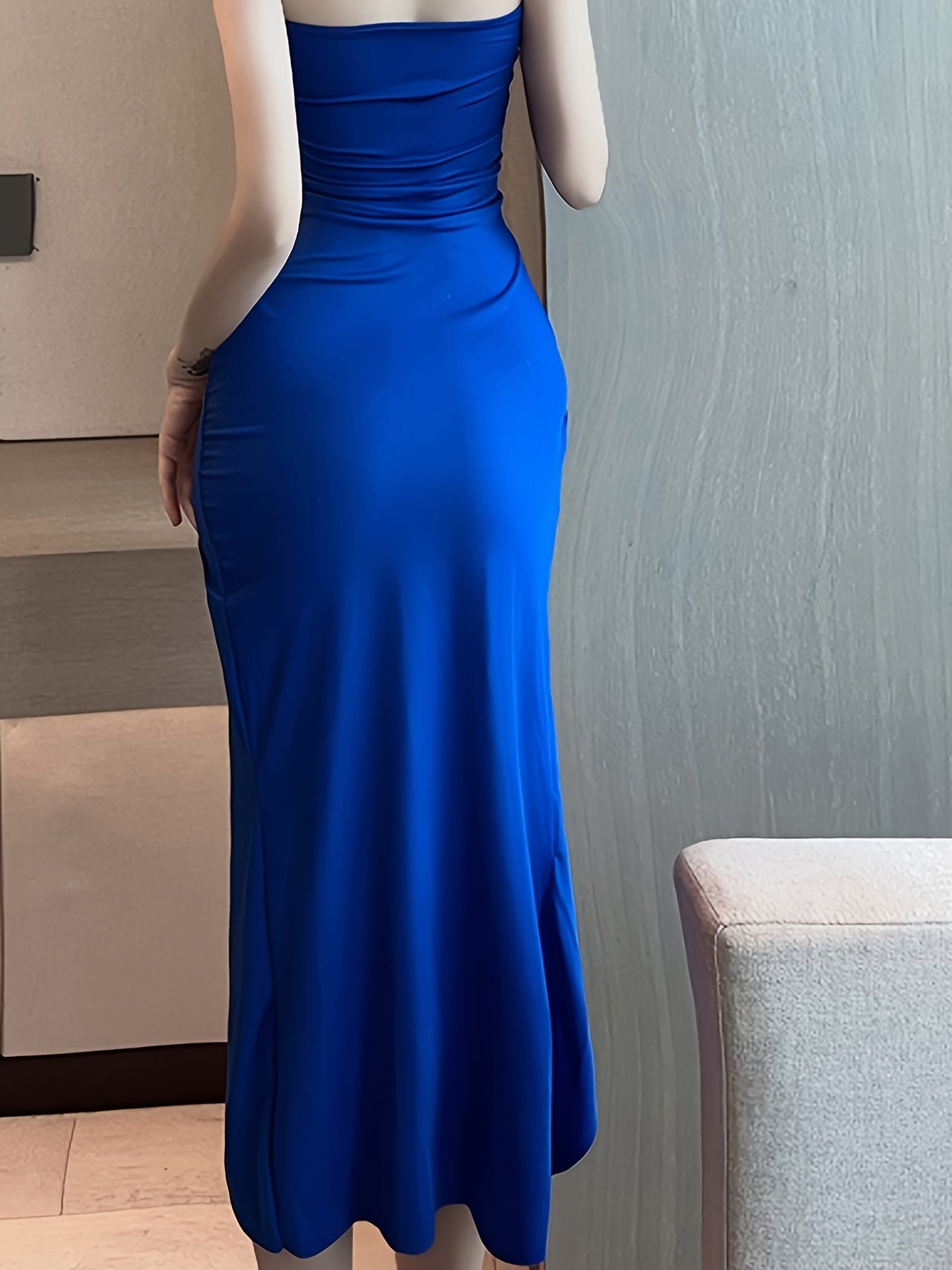 Solid Cut Out Halter Dress, Sexy Side Split Stretchy Backless Dress,