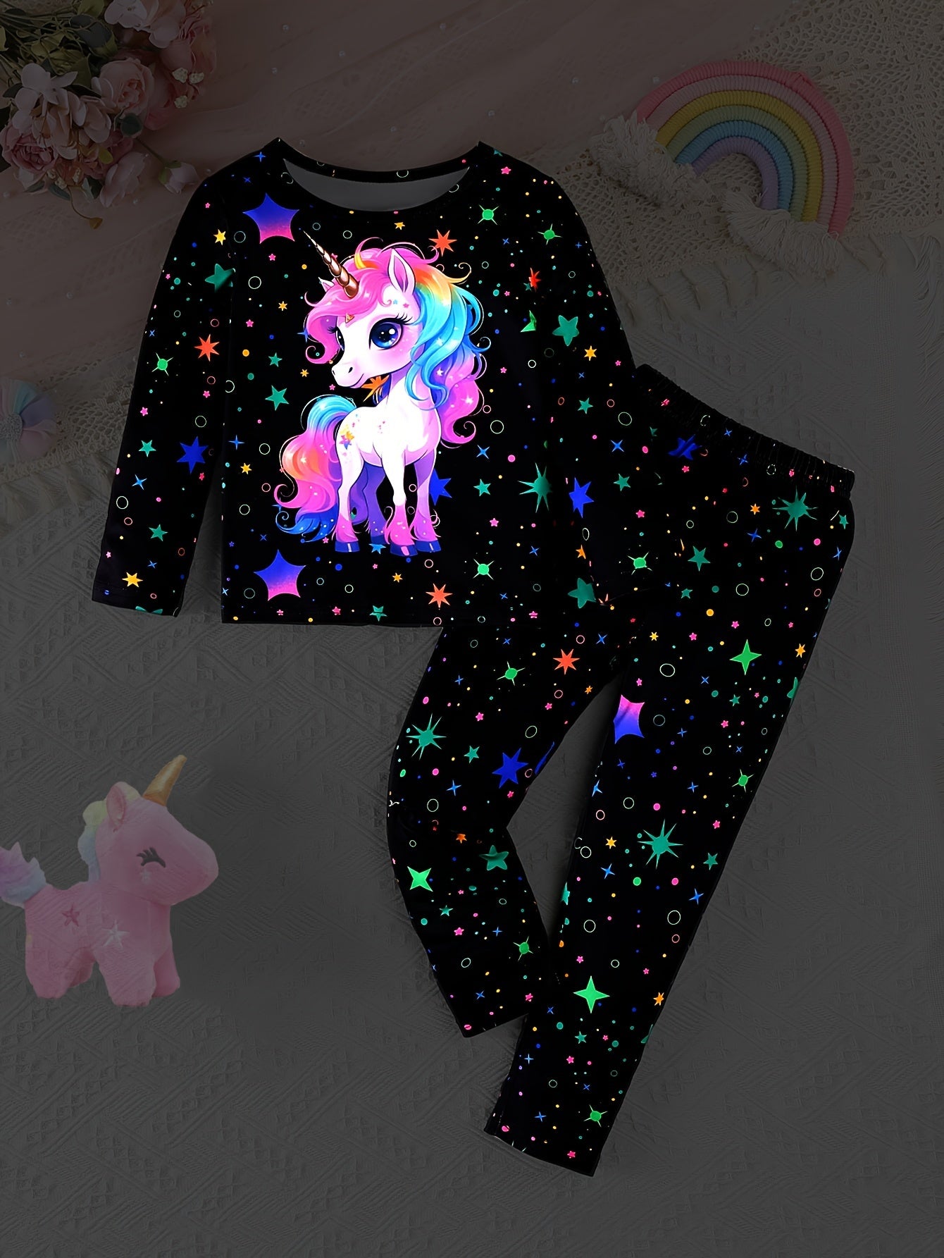 Girl'S 2pcs Starry Night Pajama Set with Long Sleeve.