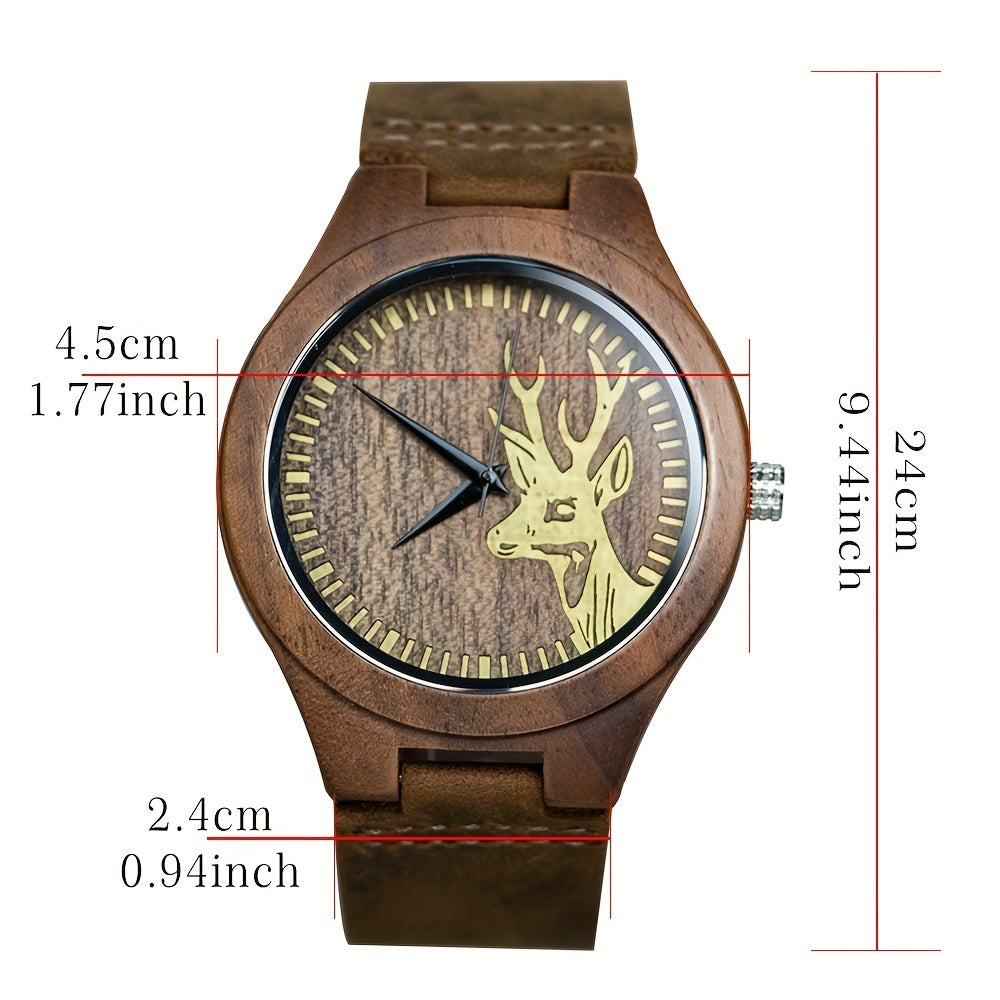 Unique Black Walnut Deer Head Mens Watch, Christmas, Halloween Gift