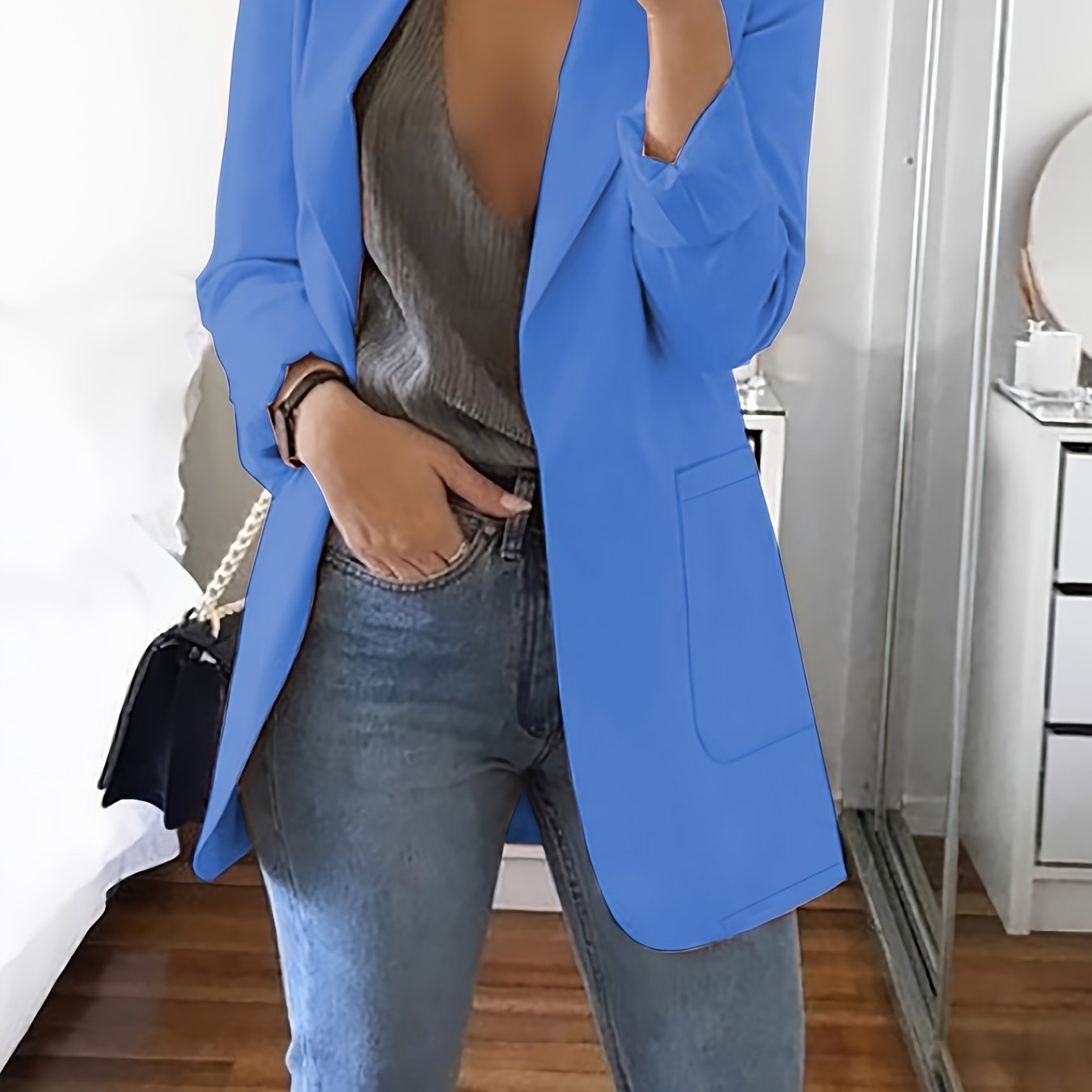 Solid Open Front Blazer, Elegant Lapel Long Sleeve Blazer.