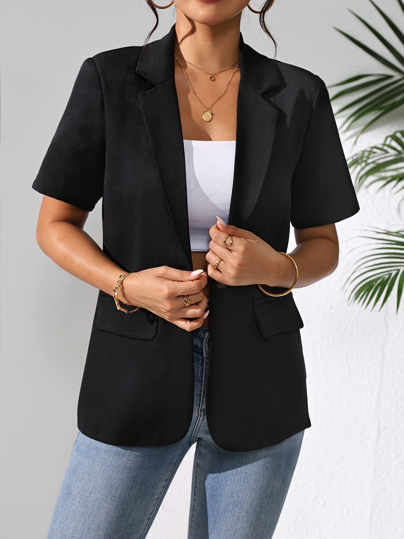 Solid Color Open Front Blazer, Elegant Lapel Short Sleeve Blazer.