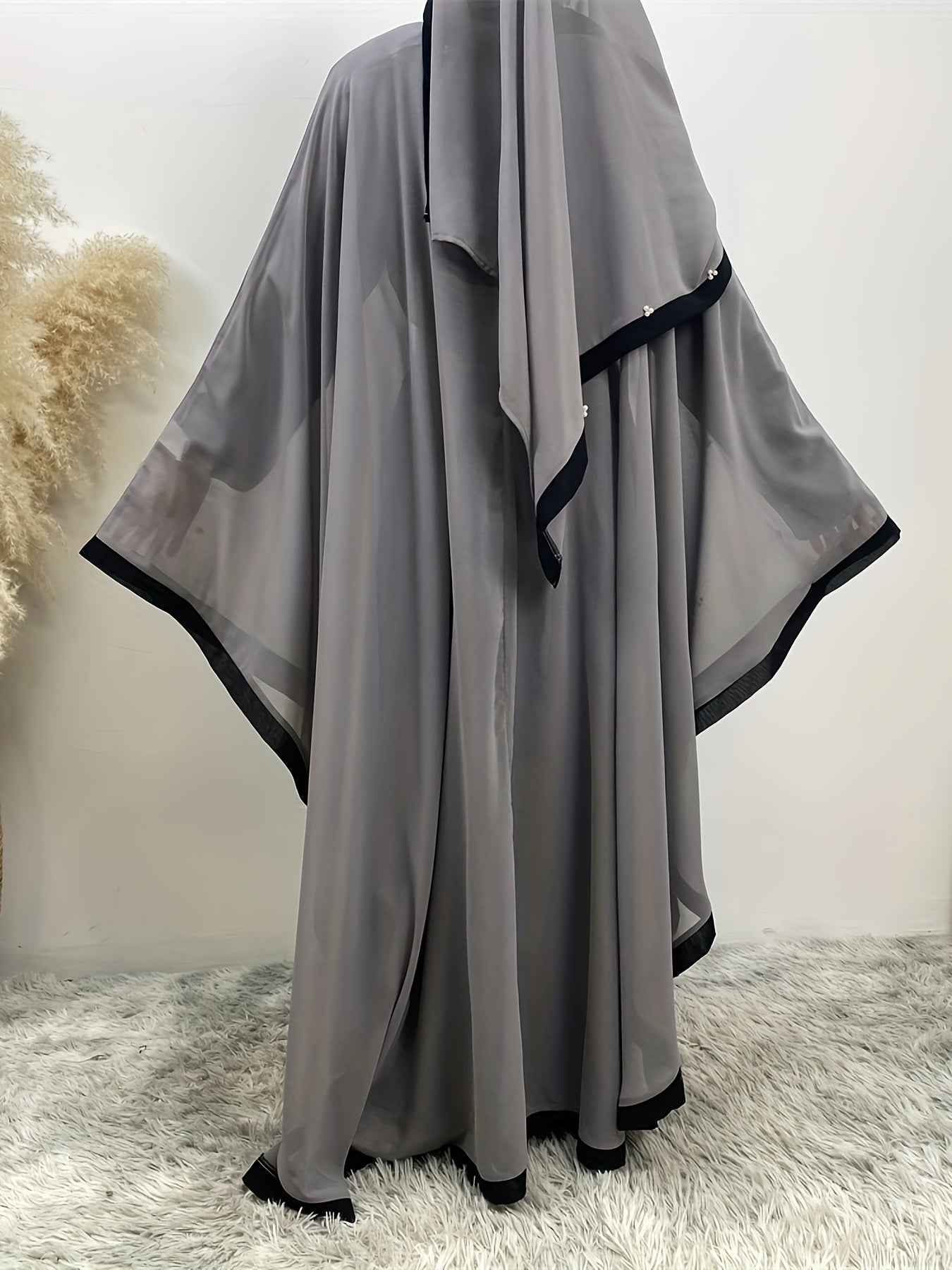 Beaded Contrast Trim Modest Dress, Elegant Batwing Sleeve Loose Maxi '/MH