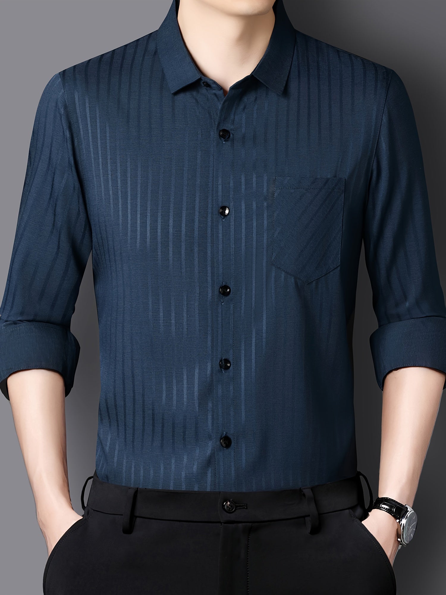 Men's Striped Lapel Collar Design Dress Shirts, Long Sleeve.