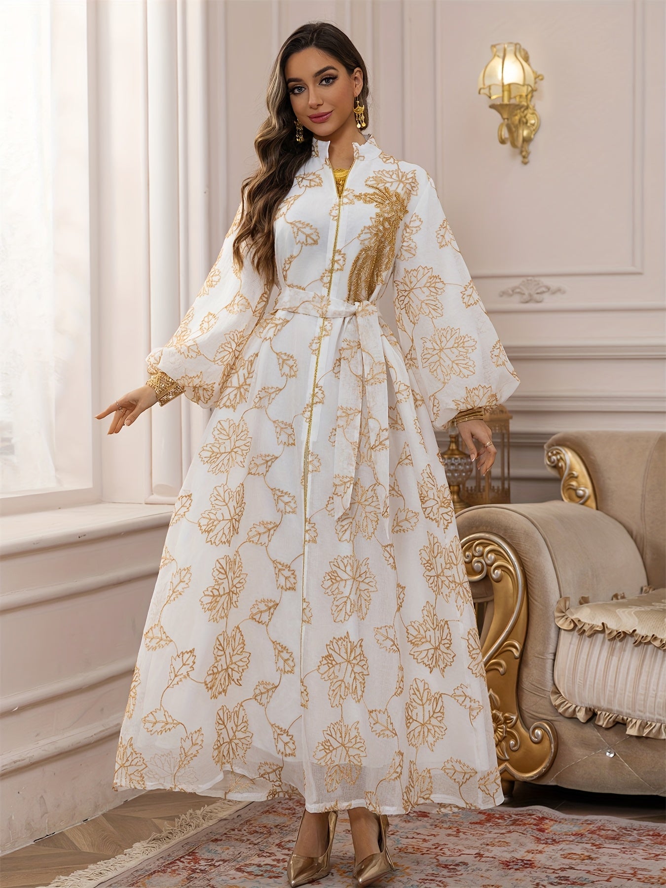 Dubai Floral Embroidery Belted Dress Belt included Lantern Sleeve/MH
