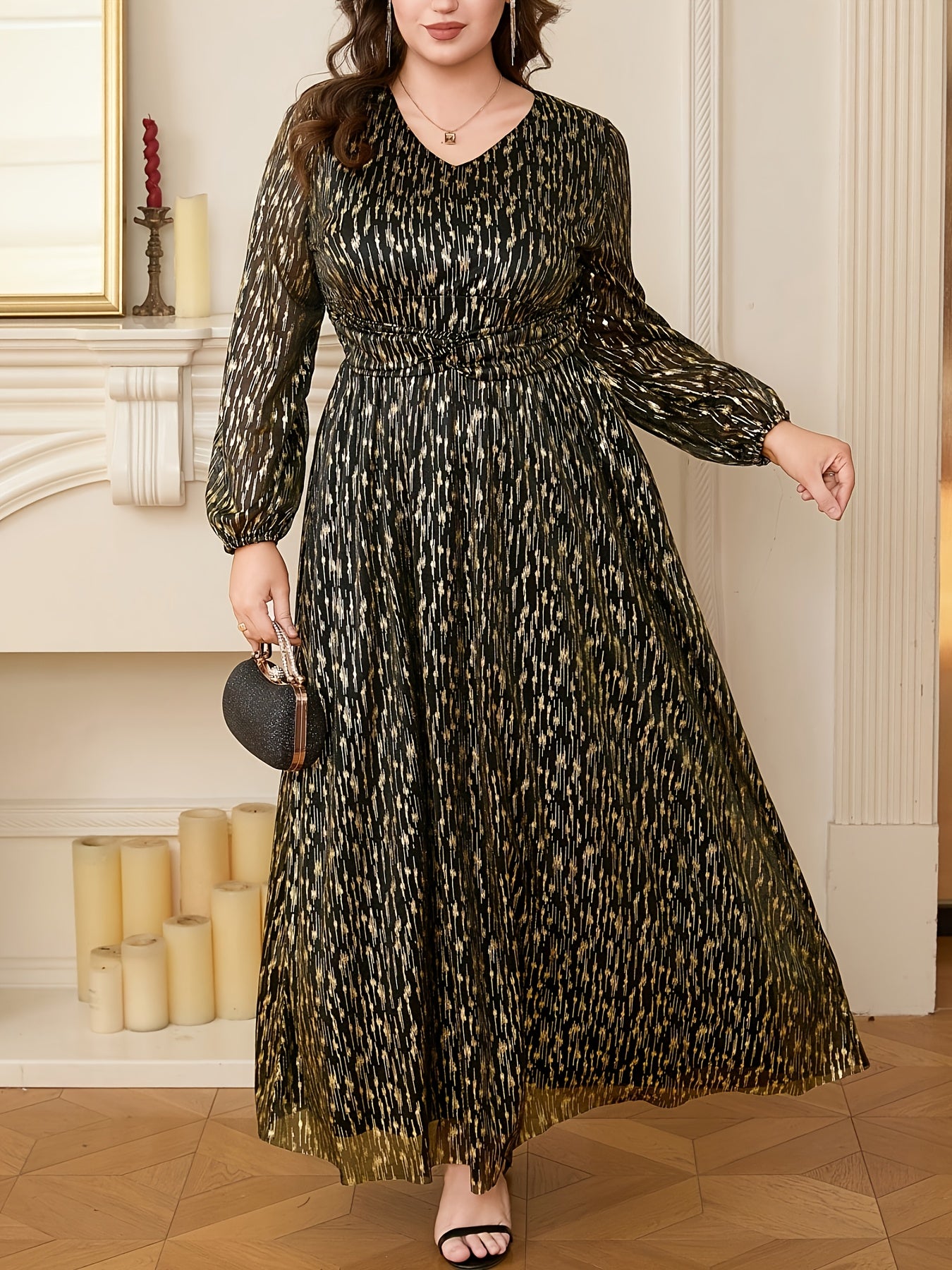 [Elegant Maxi Dress] Plus Size Elegant Maxi Dress | Long Sleeve V-./MH