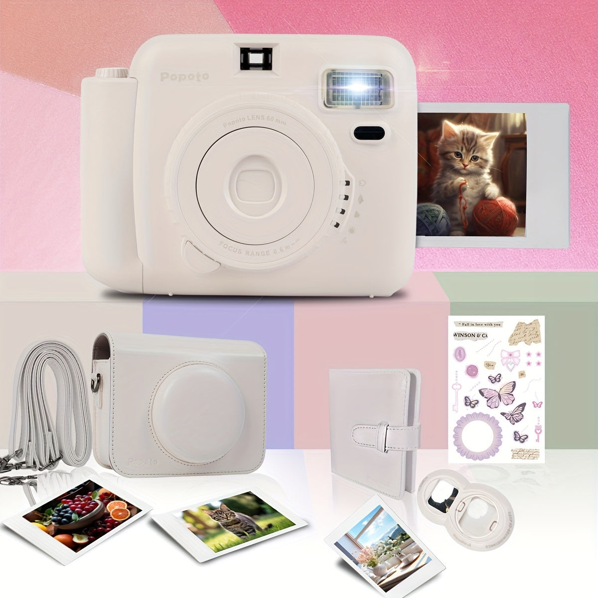 Popoto Instant Camera Gift Set with PU Case - Flash-Enabled, Battery-Free Photography Kit for Outdoor Parties (Camera & Accessories Included, No Batteries or Film)
