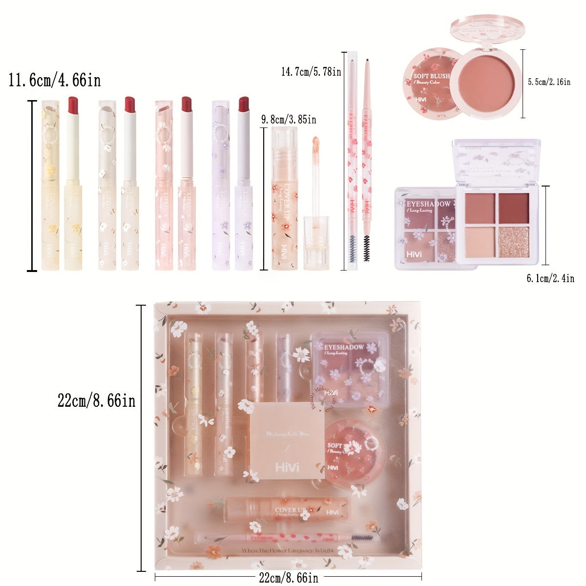 8pcs Flower Language Makeup Gift Box, Velvet Lip Gloss Lipstick Blush Powder Eyeliner Pen Eyeshadow Palette Cosmetics Set, Ideal Gift For Mother's Day Makeup Set