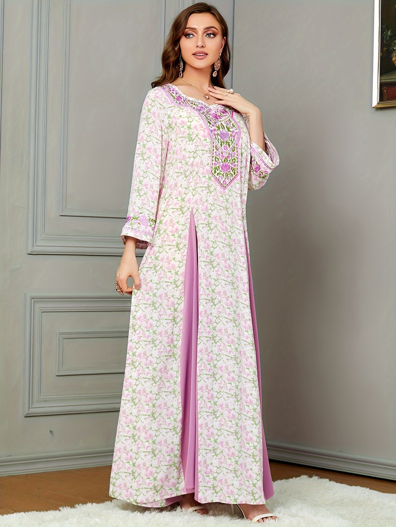 Contrast Stitching Crew Neck Kaftan, Elegant Long Sleeve '/MH