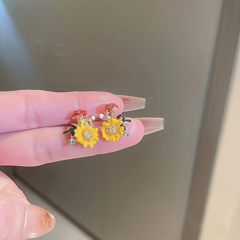 Vibrant Orange Flower Rhinestone Stud Earrings - Dazzling Embellishments, Classic Style, Perfect Gift for Her - Ideal Spring Summer Holiday Accessory