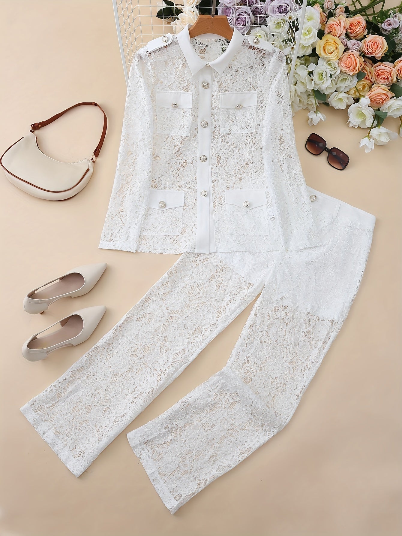 Elegant Solid Lace Pants Set, Single Breasted Flap Pockets Blazer.