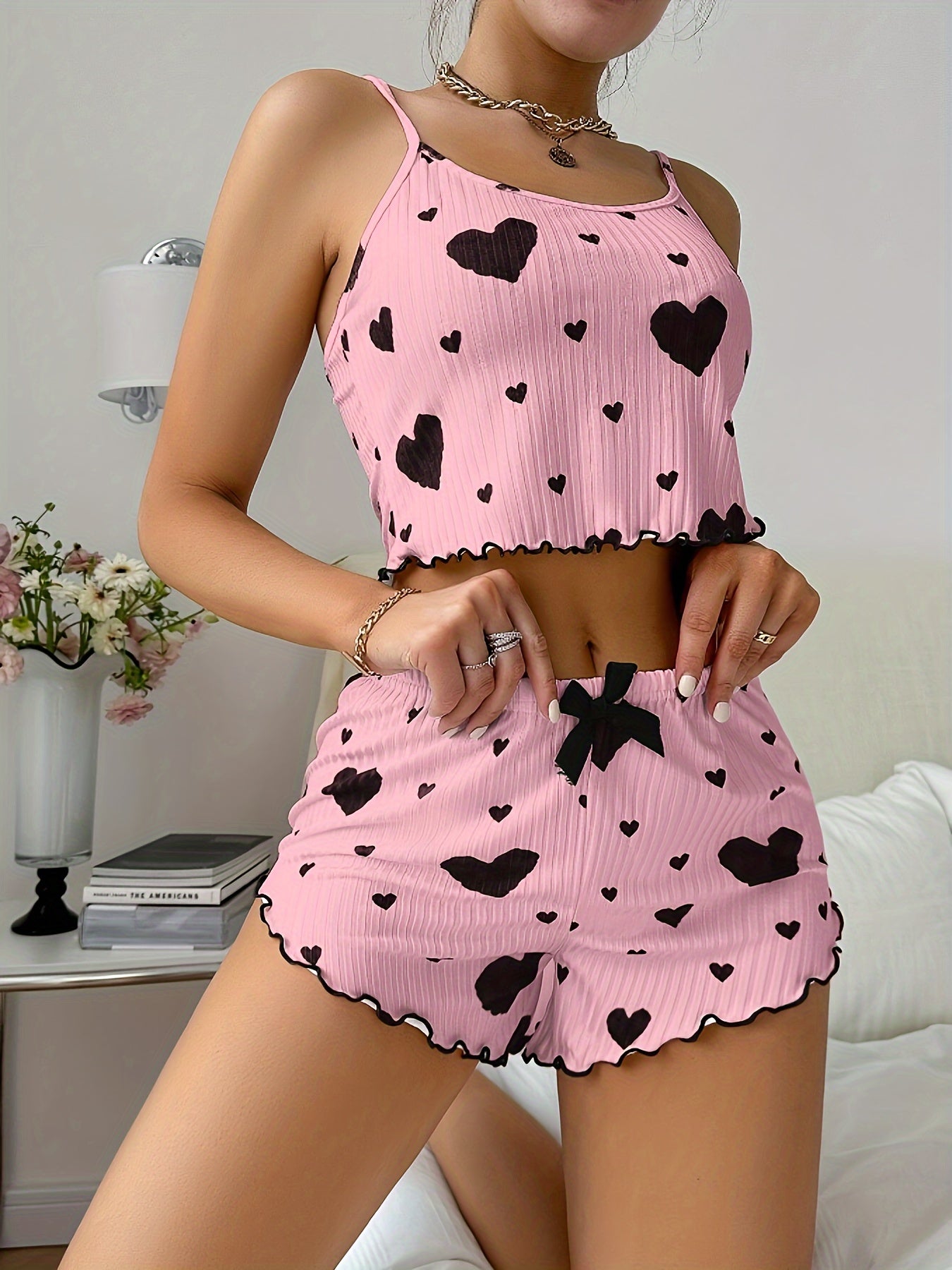 Women's Heart Print Sexy Ribbed Frill Trim Pajama Set, Round Neck Backless Crop Cami Top & Shorts, Comfortable Relaxed Fit, Summer Nightwear