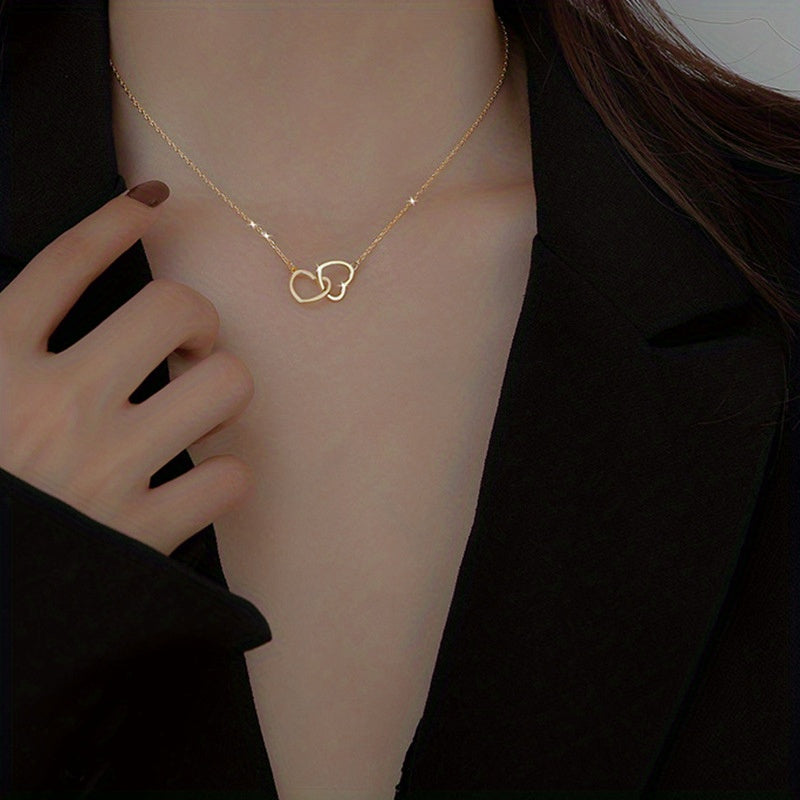 1pc, Double Peach Heart Necklace - Stylish Metal Alloy Jewelry for Women, Perfect for Mother's Day, Valentine's Day, and Birthdays - Clothing Accessory and Festival Gift