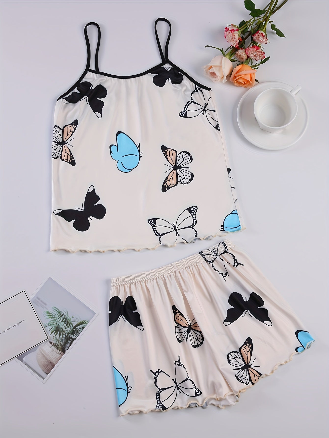 Casual Butterfly Print Lettuce Trim Pajama Set,