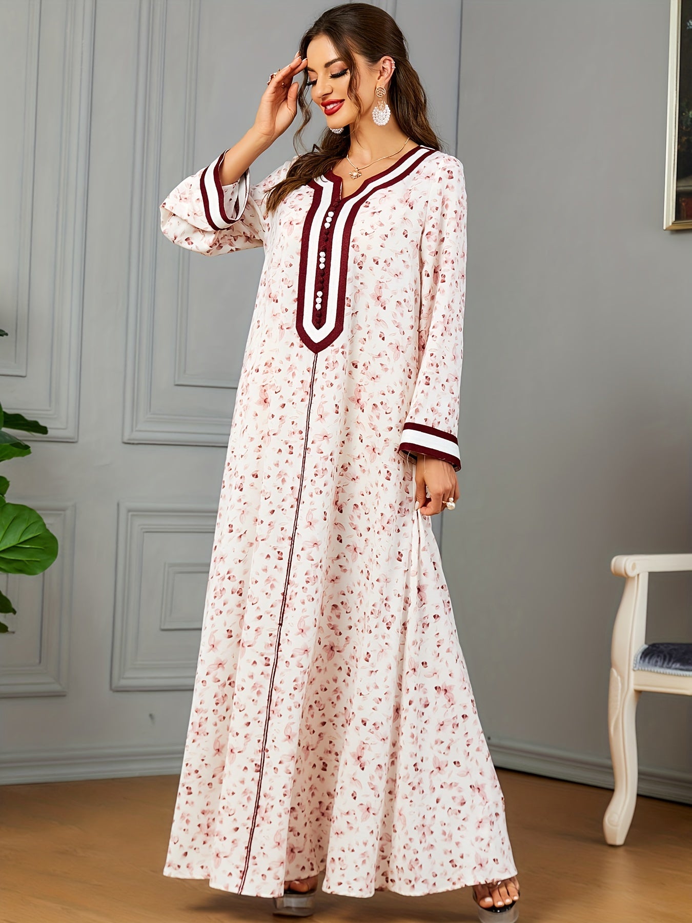 Floral Print Notch Neck Kaftan, Elegant Long Sleeve Maxi women fashion ;/MH