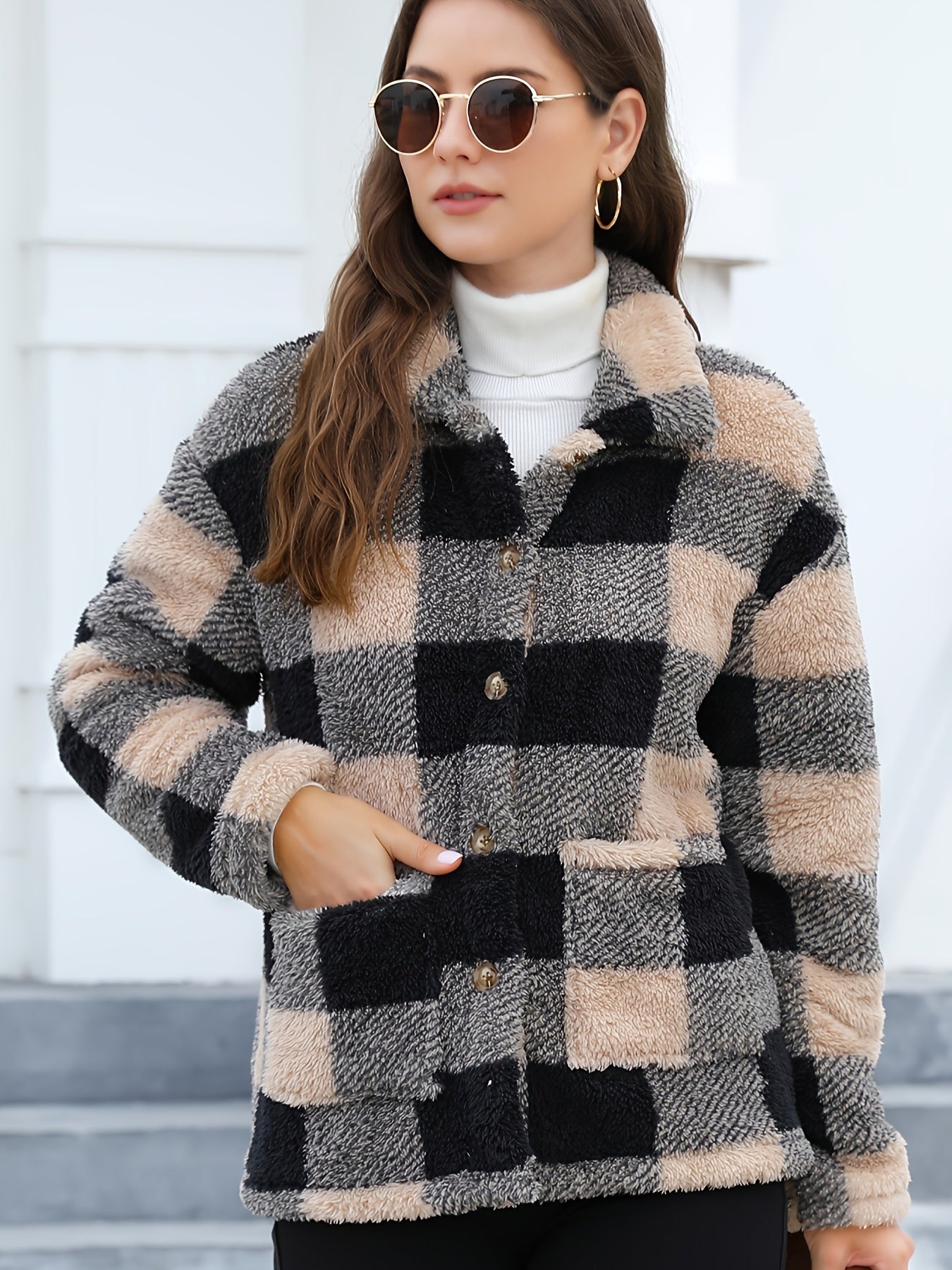 Long Sleeve Plaid Print Teddy Coat with Patched Pockets - Soft, Warm,