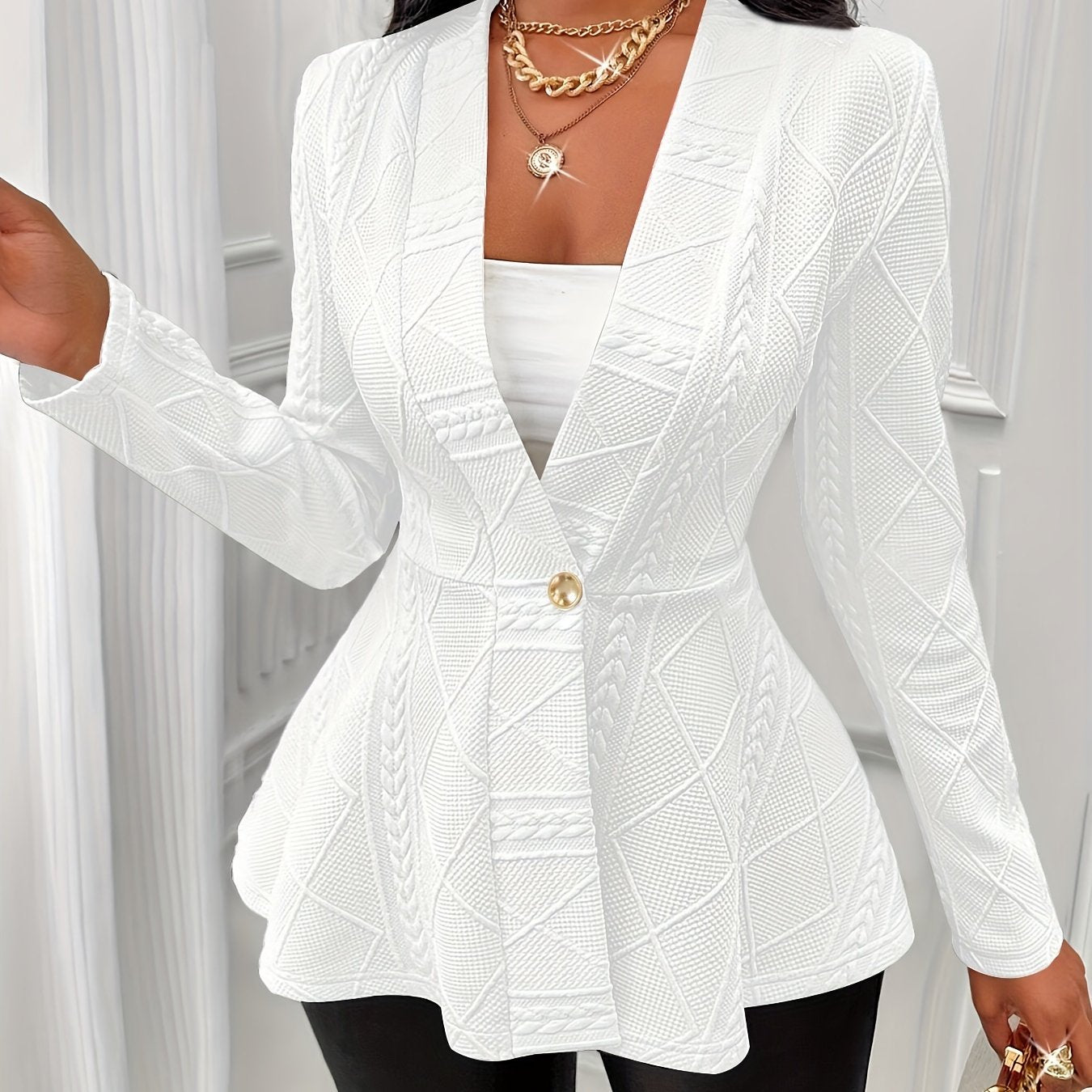 Solid Textured Single Button Waist Blazer, Elegant Long Sleeve .