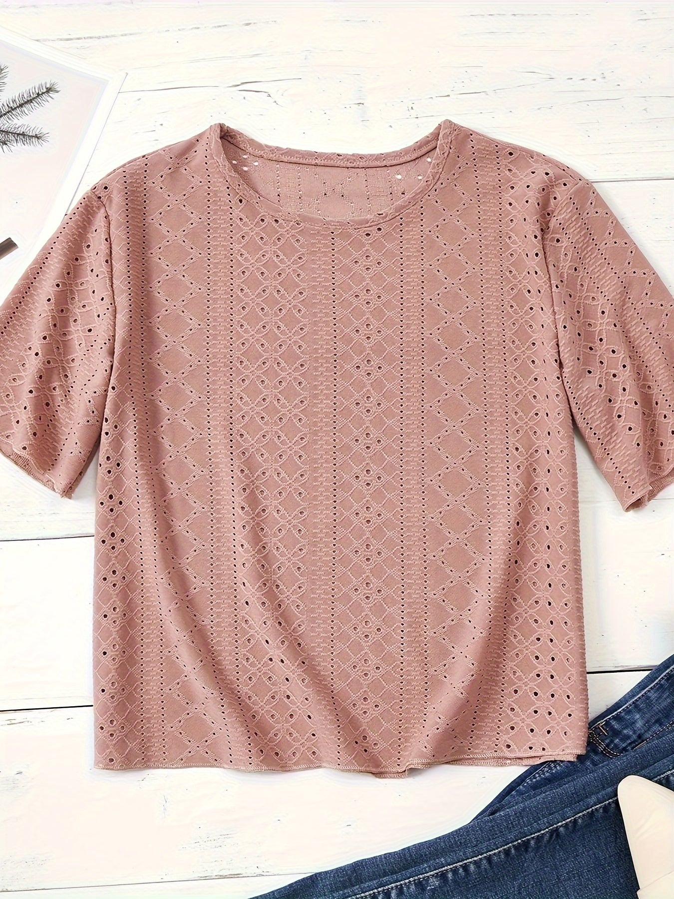 Eyelet Embroidery T-Shirt, Short Sleeve Crew Neck Summer Casual Top, Women's Clothing