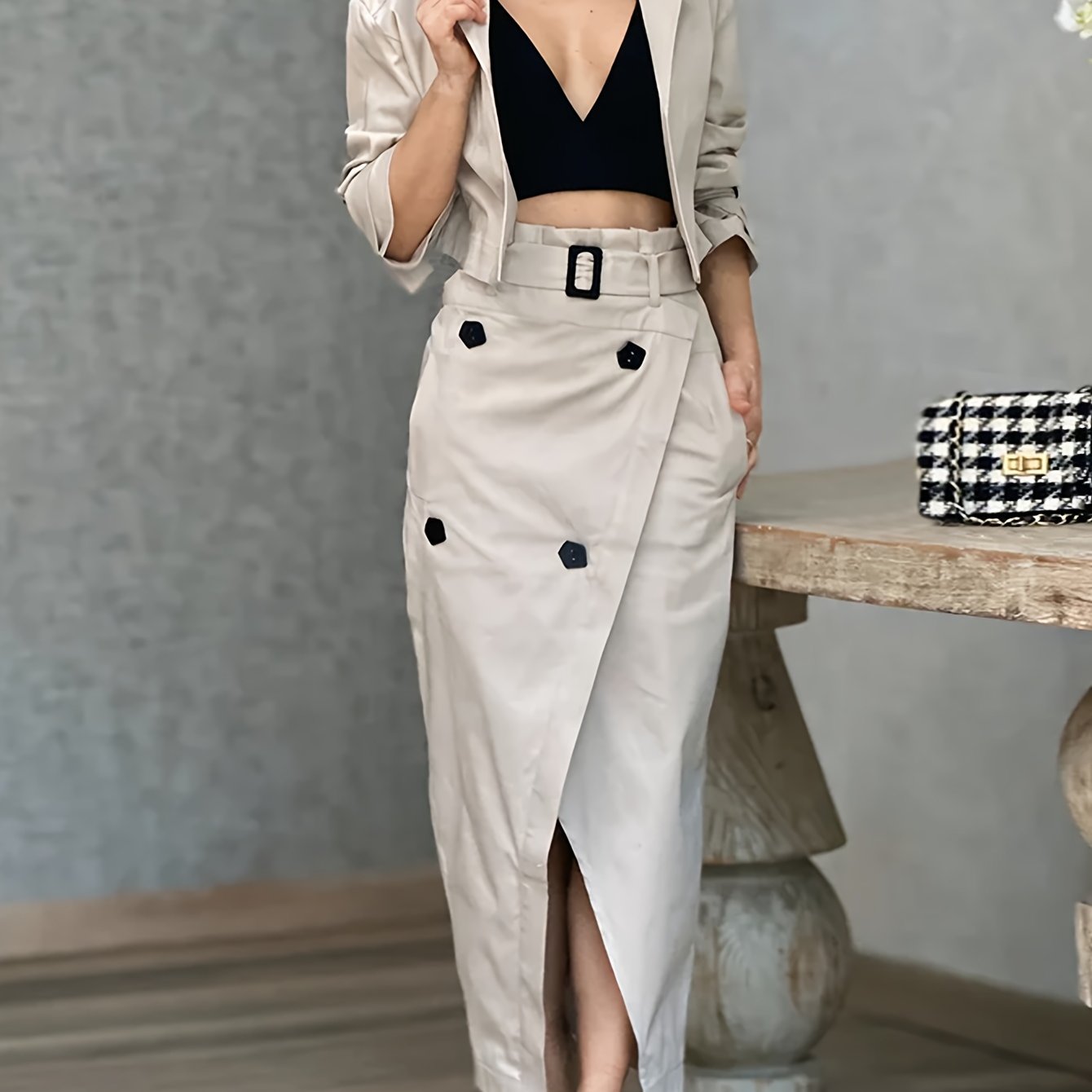 Elegant Women'S Trench Coat Skirt Suit with Belt,