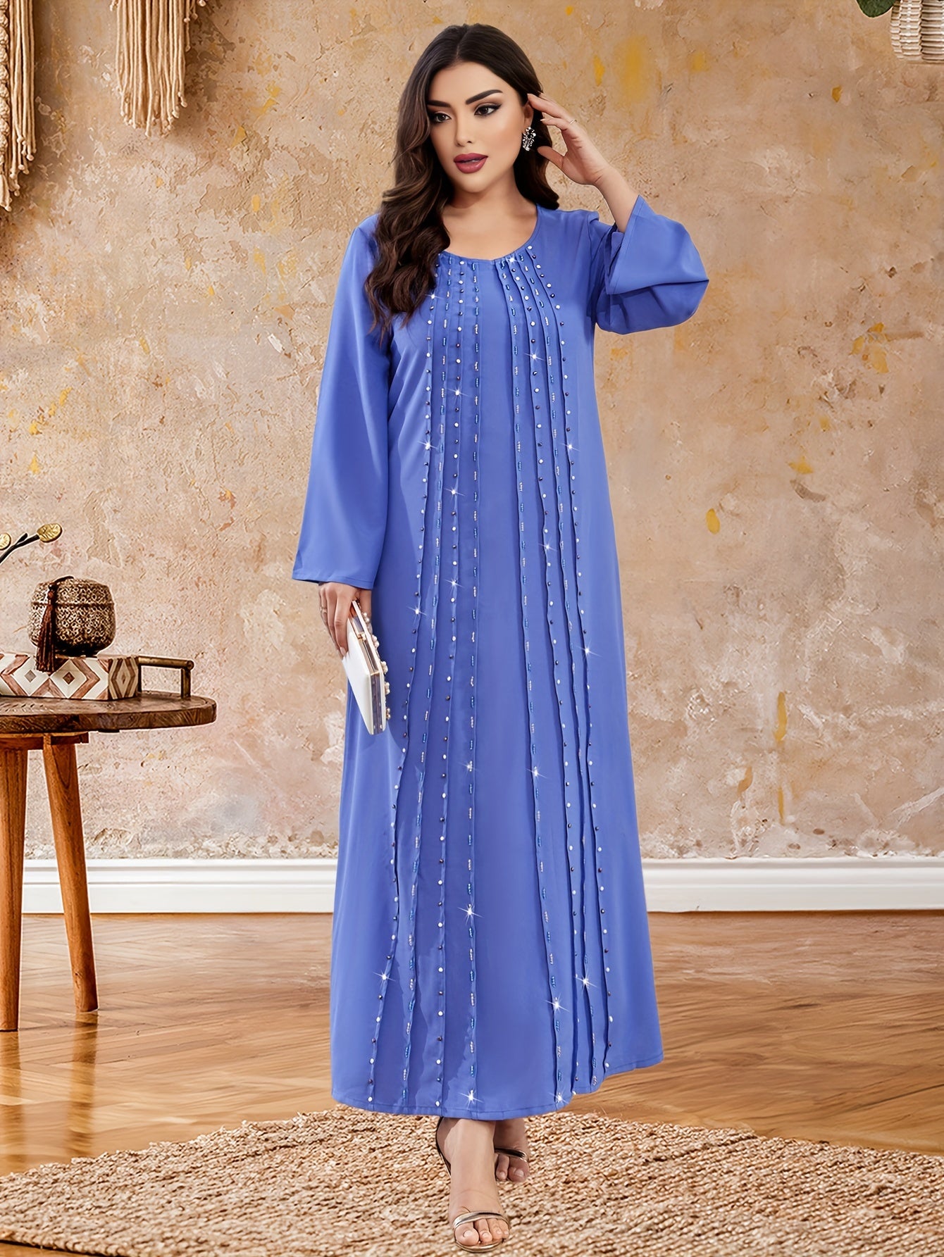 Bead Decor Crew Neck Kaftan Dress, Elegant Long Sleeve'/MH