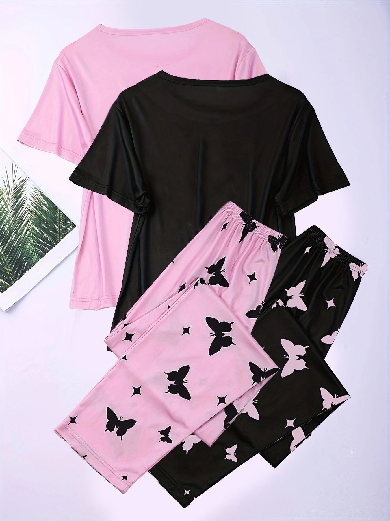 2 Sets Heart Print Pajamas Set, Short Sleeve Crew Neck Top & Butterfly Print Pants, Women's Sleepwear & Loungewear