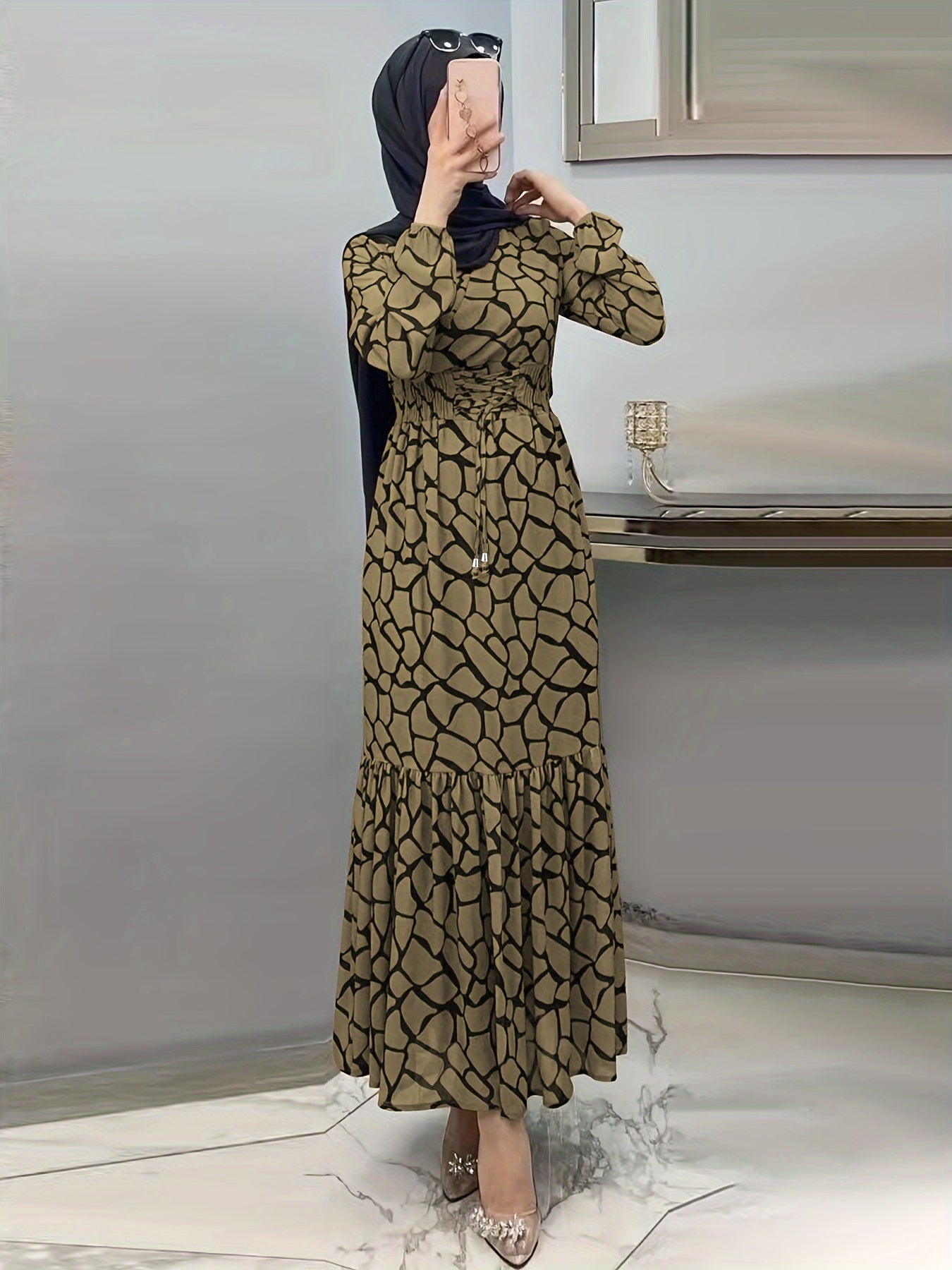 Allover Print Maxi Kaftan Dress, Casual Long Sleeve '/MH