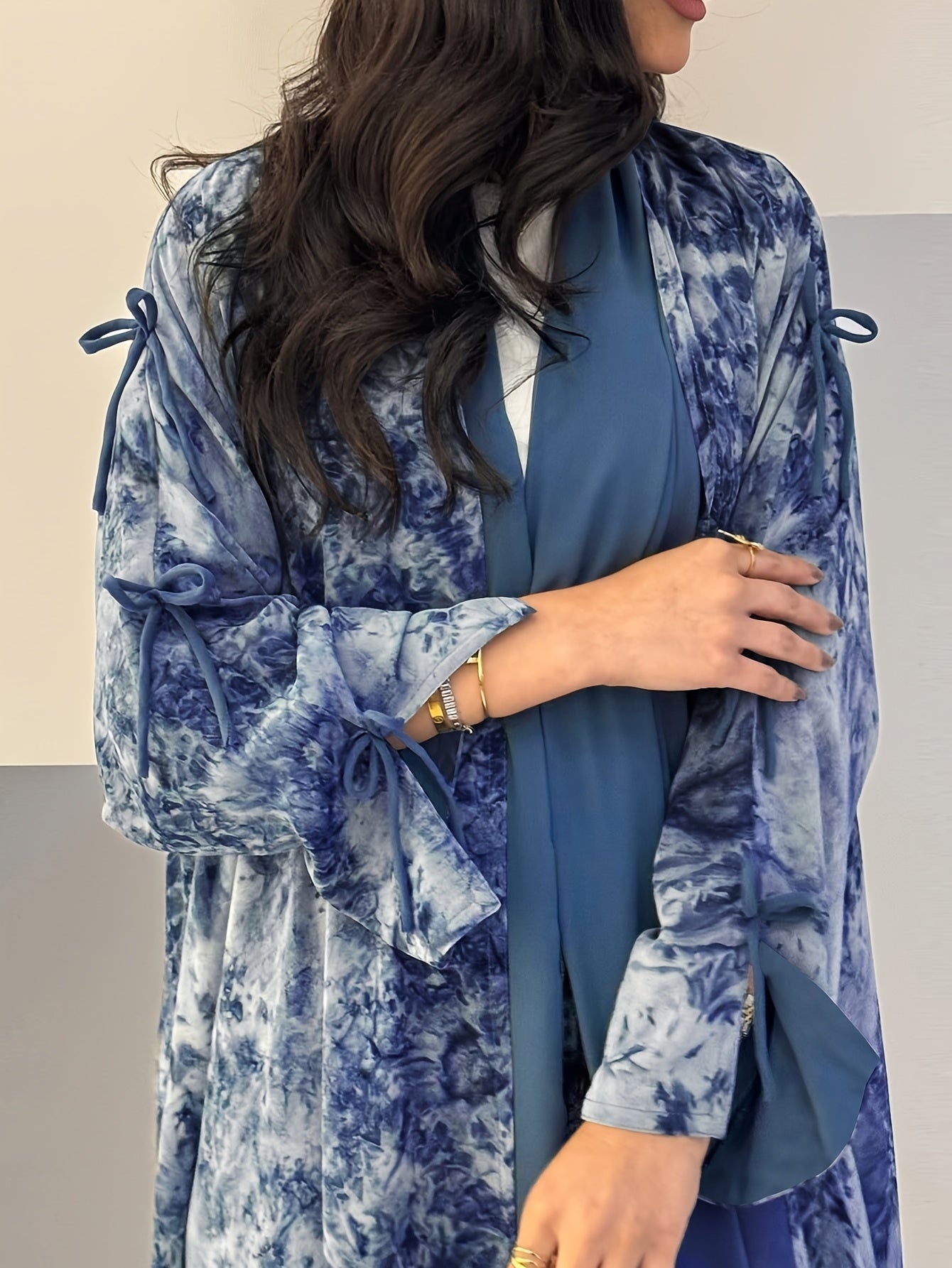 Women'S Elegant Blue Floral Print Chiffon Abaya with Golden Accents - / MH