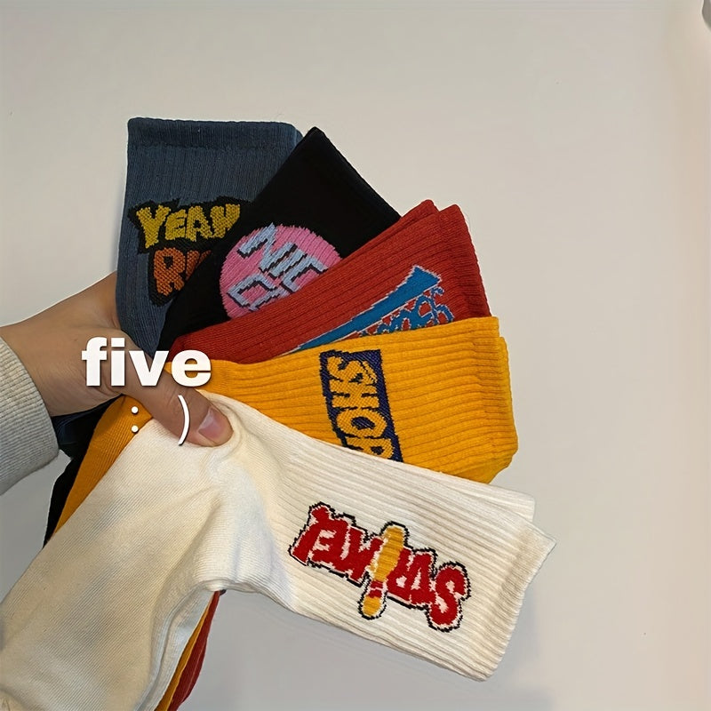 5/10 Pairs Letter Print Socks, , Women's Stockings ./MH