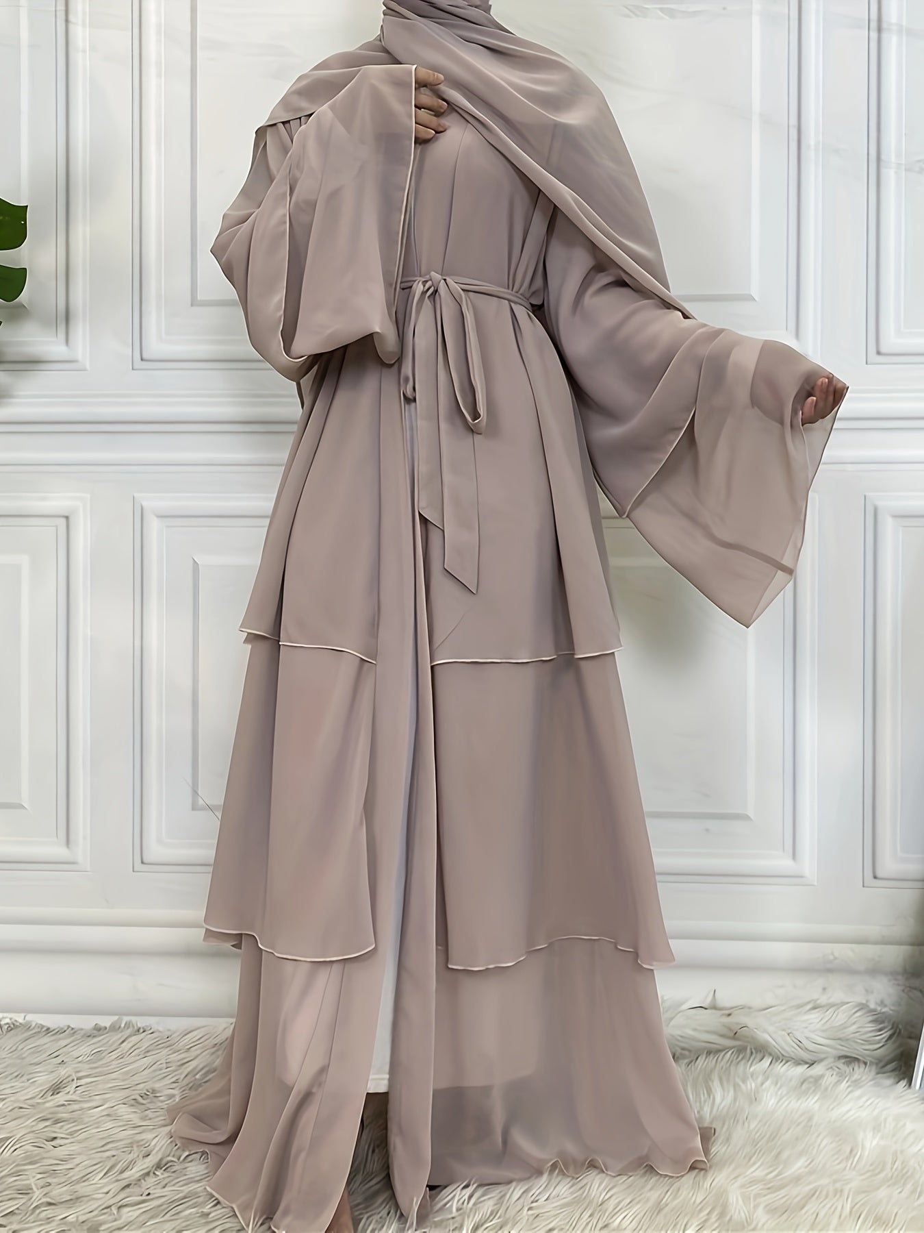 Layered Open Front Modest Dress, Long Sleeve Muslim Dress'/MH
