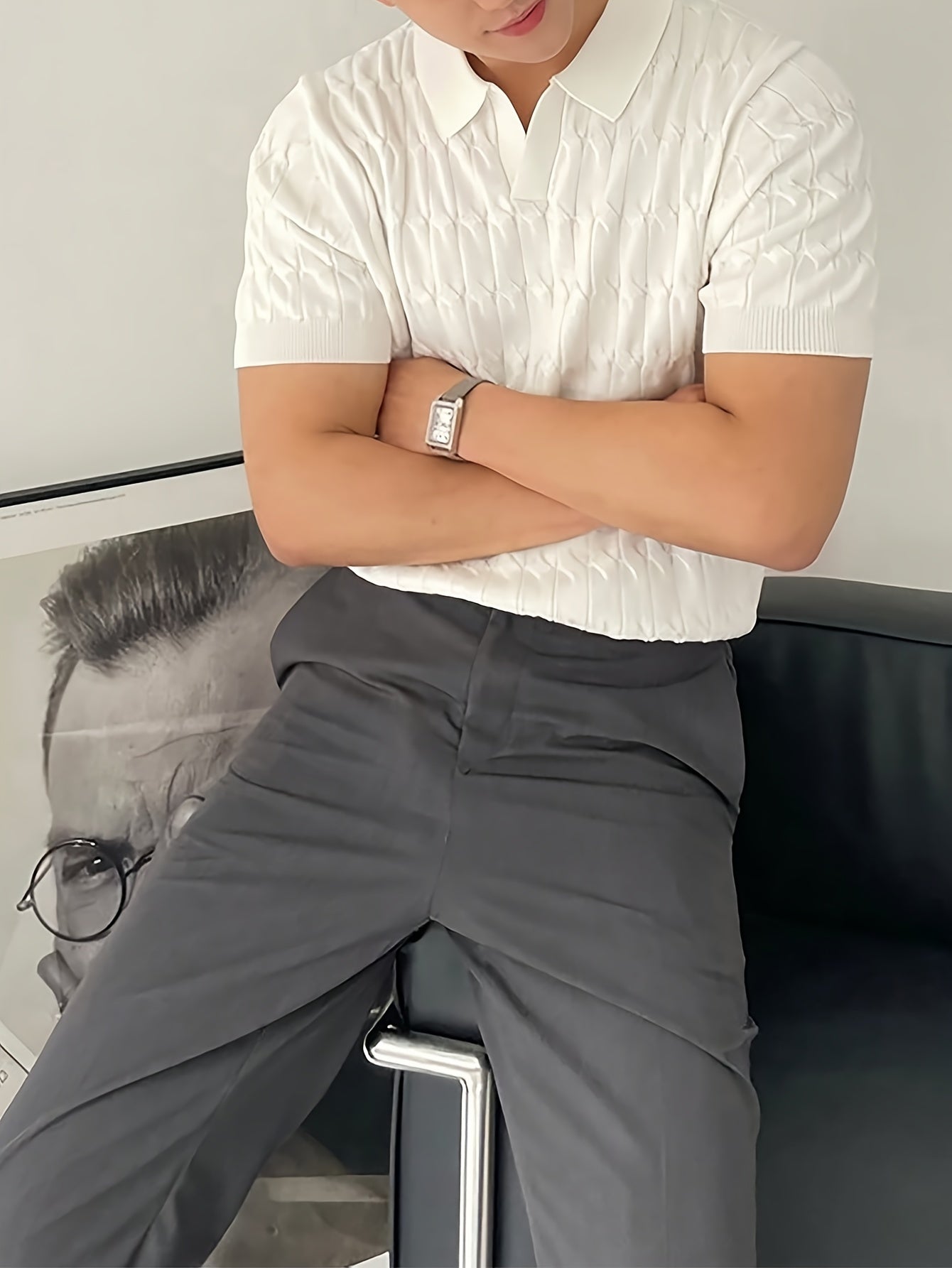 Chic Knit Shirt, Men's Casual Lapel Mid Stretch V-Neck Pullover Sweater
