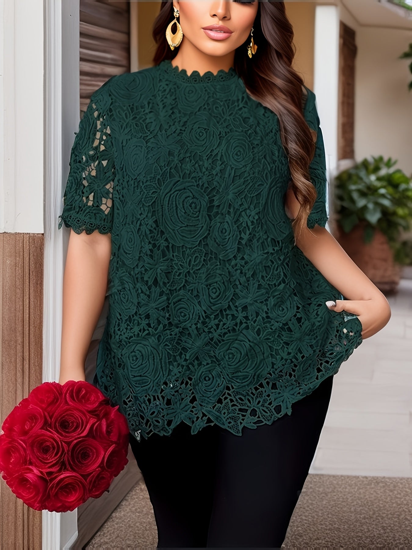 [Elegant Blouse] Elegant Green Lace Plus Size Blouse for Women |