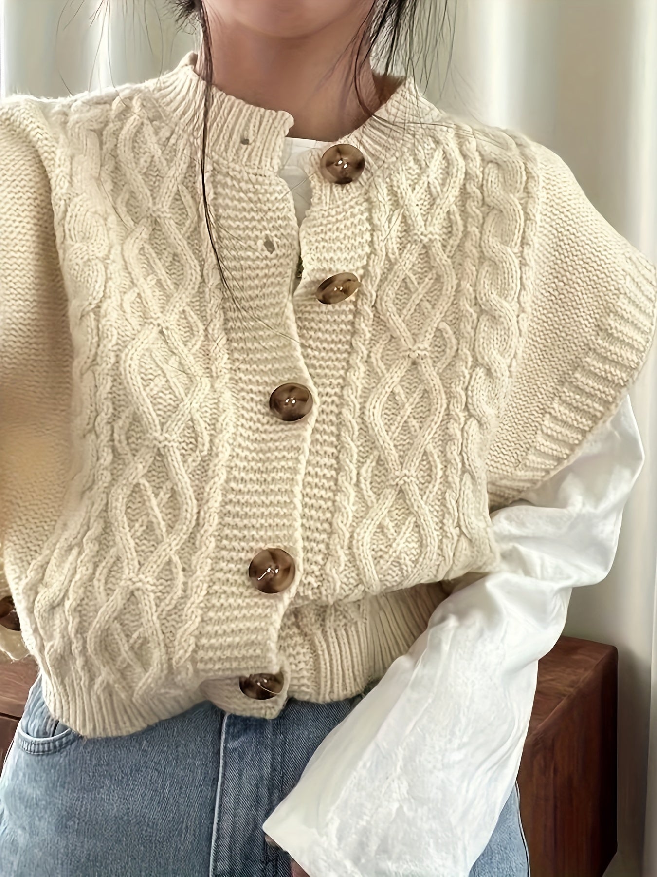 Front Knitted Vest Sweater, Casual Crew Neck Sleeveless Sweater.